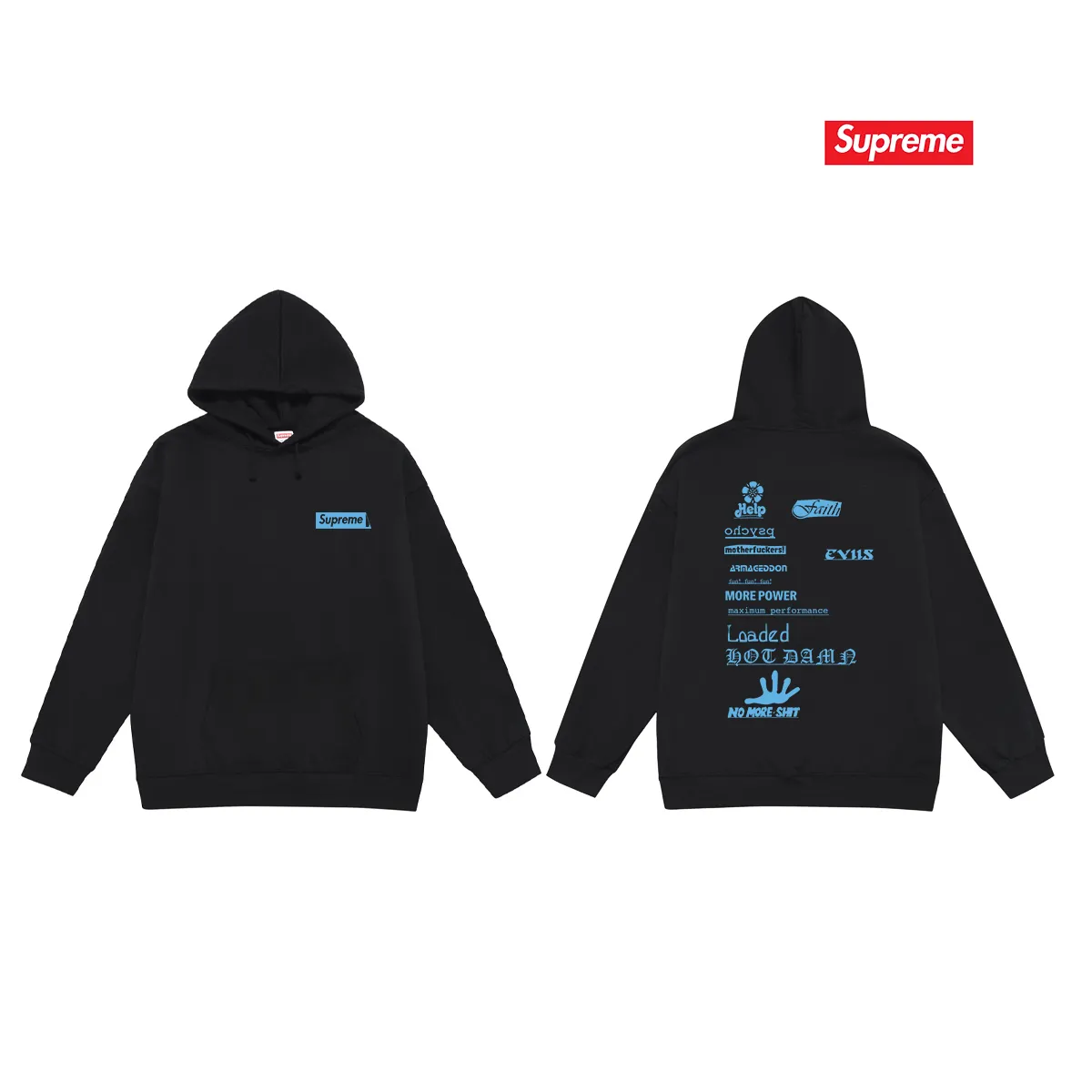Style No. S2243 #terry P160💰 Velvet P170💰 Supreme Week 17 No More Shit Tee hooded sweatshirt Made of 400g large terry 430g silver fox velvet (drop shoulder large version) fabric, soft texture and no pilling Imported environmentally friendly printing glue The pattern is bright and three-dimensional Quality 💥Same style for men and women The upper body is fashionable Color: black white gray Size: S M L XL XXL