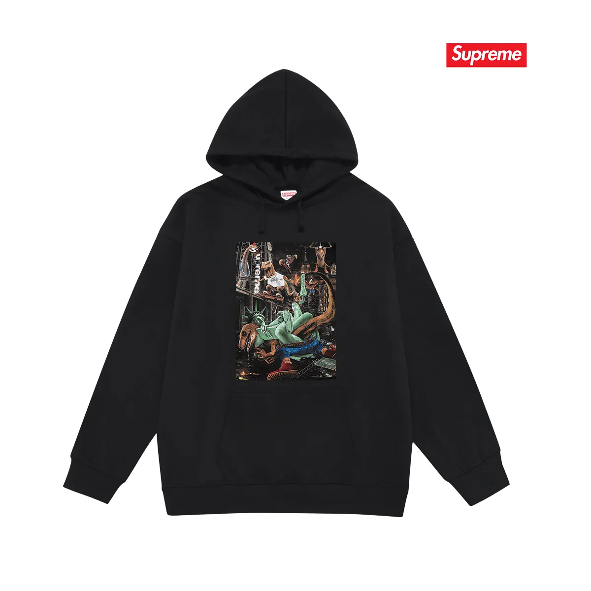 Style No. S2125 #terry P160💰 Velvet P170💰 Supreme 23SS T-REX TEE Tyrannosaurus City Battle Statue of Liberty Hooded sweatshirt Made of 400g large terry 430g silver fox velvet (drop shoulder large version) fabric, soft texture and no pilling Imported environmentally friendly printing glue The pattern is bright and three-dimensional Quality 💥Same style for men and women The upper body is trendy Color: black white Gray Size: S M L XL XXL