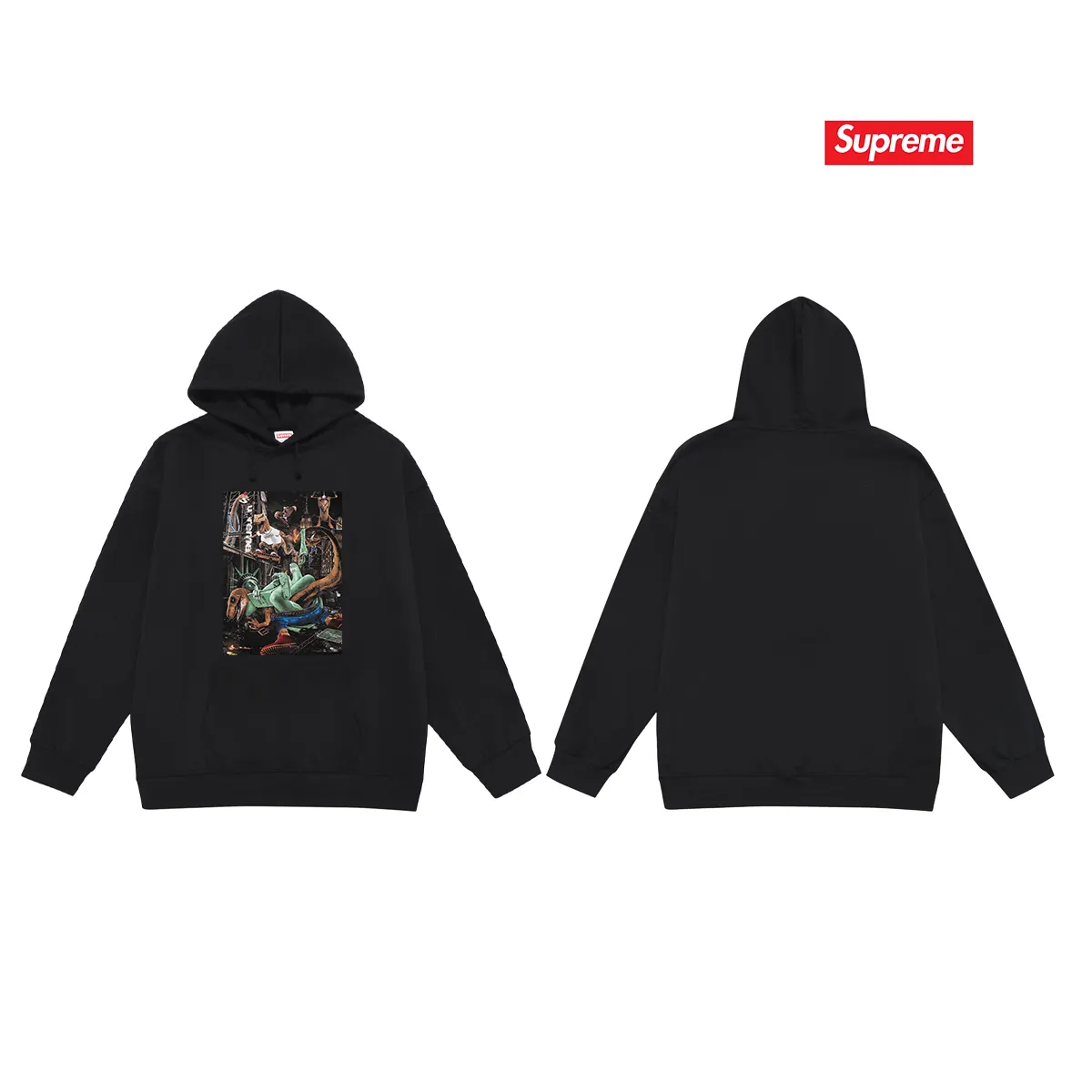Style No. S2125 #terry P160💰 Velvet P170💰 Supreme 23SS T-REX TEE Tyrannosaurus City Battle Statue of Liberty Hooded sweatshirt Made of 400g large terry 430g silver fox velvet (drop shoulder large version) fabric, soft texture and no pilling Imported environmentally friendly printing glue The pattern is bright and three-dimensional Quality 💥Same style for men and women The upper body is trendy Color: black white Gray Size: S M L XL XXL