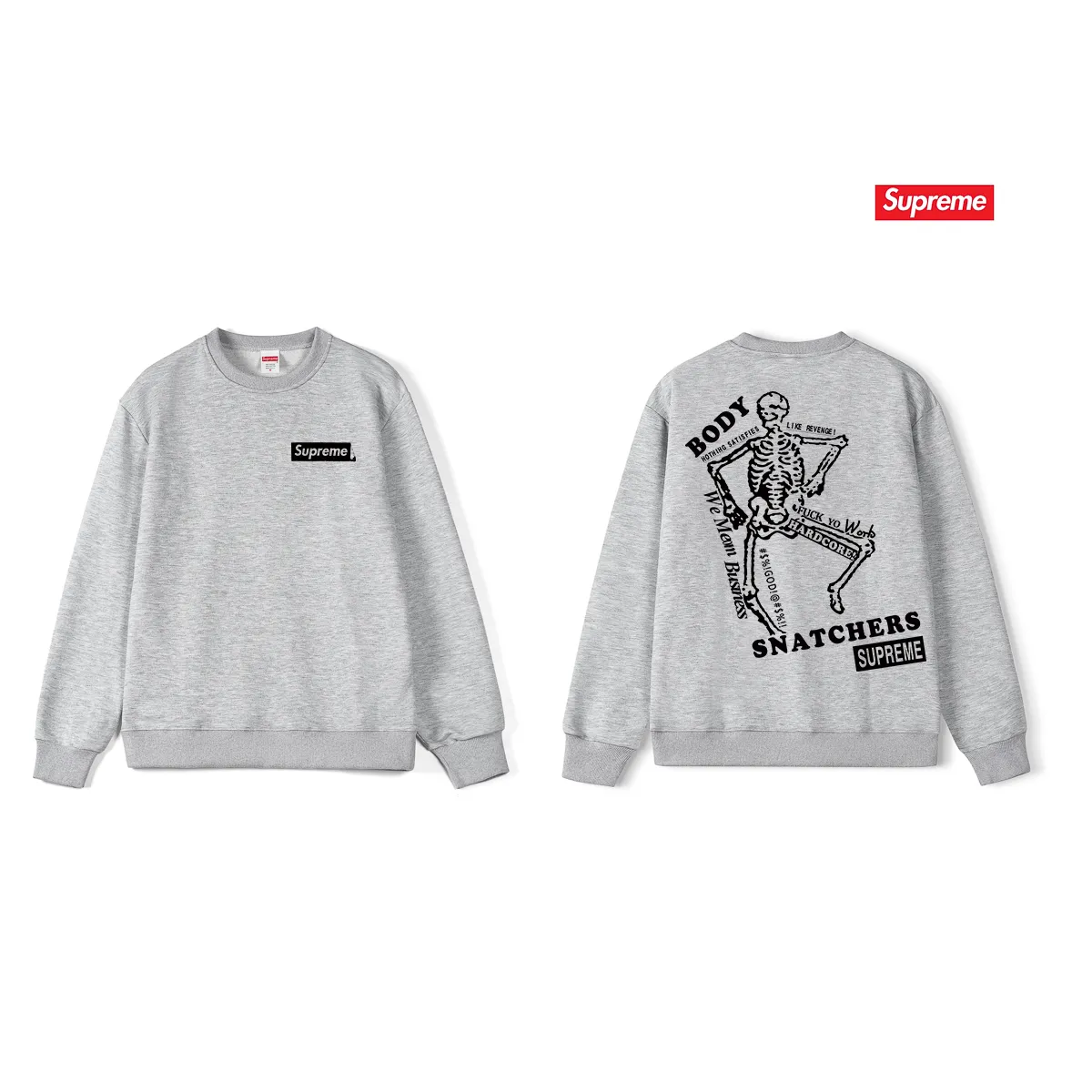 Style No. S1046 #terry p150💰 Velvet 160💰 Supreme SS23 Week9 BODY SNATCHERS TEE Classic boxlogo skull print on the back Round neck sweatshirt Made of 400g large terry (drop shoulder large version) fabric Soft texture and no pilling Imported environmentally friendly printing glue The pattern is bright and three-dimensional Quality💥Same style for men and women The upper body is trendy Color: black white gray Size: S M L XL XXL