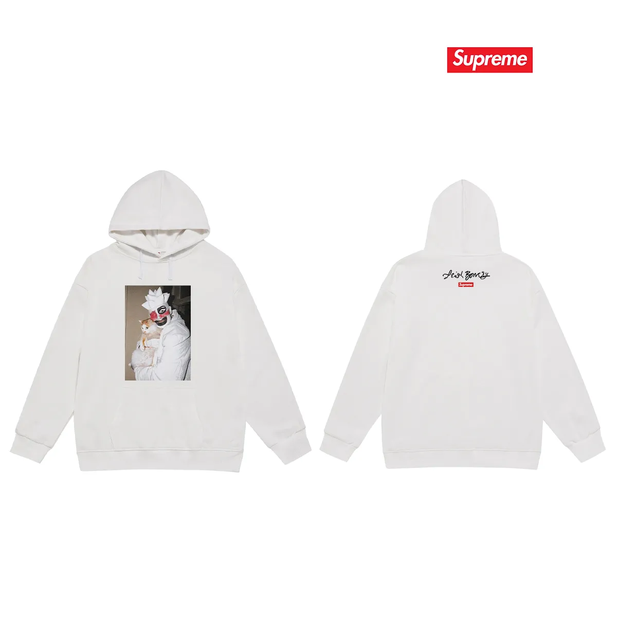 Style No. S2128 #terry P160💰 Velvet P170💰 Supreme weird artist co-branded clown hugging kitten hooded sweatshirt Made of 400g large terry 430g silver fox velvet (drop shoulder large version) fabric, soft texture and no pilling Imported environmentally friendly printing glue The pattern is bright and three-dimensional Quality 💥Same style for men and women The upper body is trendy Color: black white gray Size: S M L XL XXL