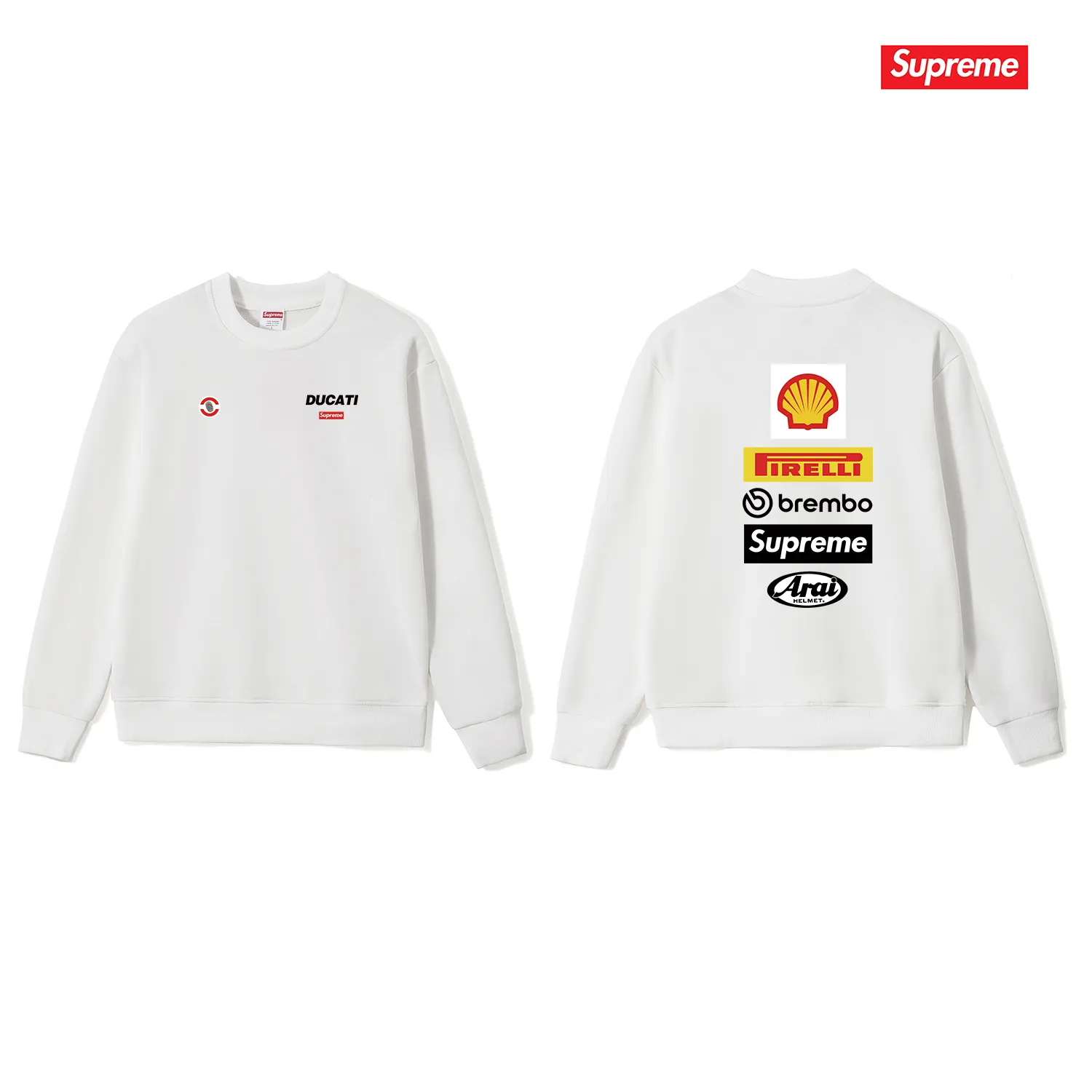 Style No. S1082 #terry p150💰 Velvet 160💰 Supreme x DUCATI joint model SS24 WEEK16 LOGO TEE Logo printing on the back Round neck sweatshirt Made of 400g large terry (drop shoulder large version) fabric Soft texture and no pilling Imported environmentally friendly printing glue The pattern is bright and three-dimensional Quality💥Same style for men and women The upper body is trendy Color: black White Gray Size: S M L XL XXL