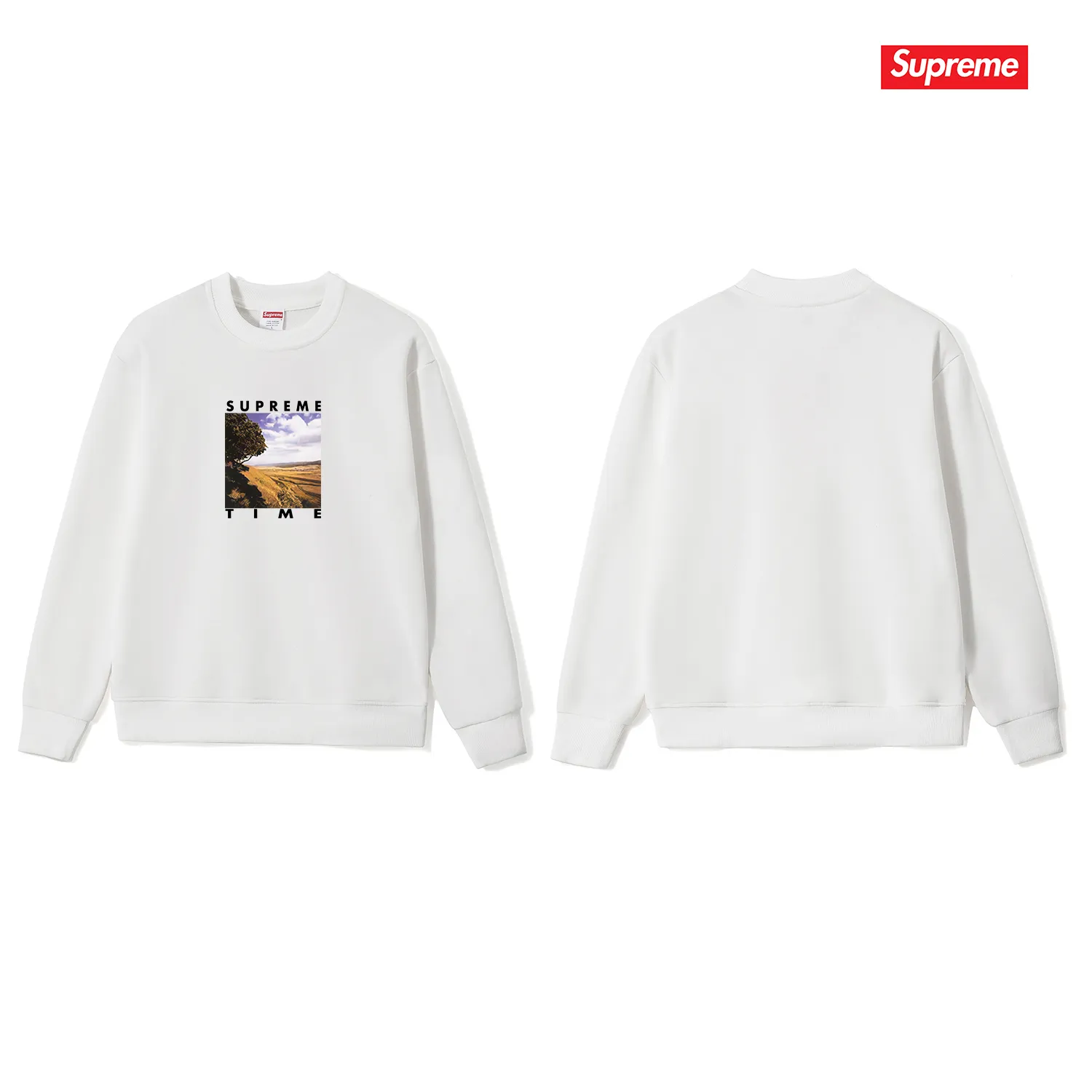 Style No. S1039 #terryp150💰Fleece 160💰Supreme Week 8 Time Tee Rural landscape pattern letter round neck sweatshirt Made of 400g large terry (drop shoulder large version) fabric, soft texture and no pilling Imported environmentally friendly printing glue The pattern is bright and three-dimensional Quality💥Same style for men and women The upper body is fashionable Color: black white gray Size: S M L XL XXL