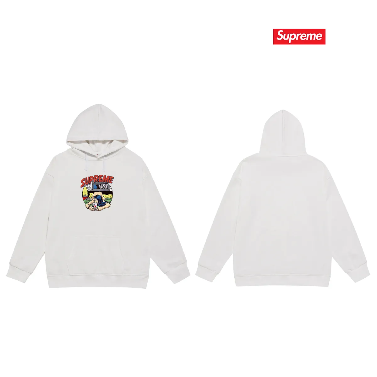 Style No. S2132 #terry P160💰 Velvet P170💰 Sup 80SS BEDROOM Bedroom comic girl lying down printed hooded sweatshirt Made of 400g large terry 430g silver fox velvet (off-shoulder large version) fabric, soft texture and no pilling Imported environmentally friendly printing glue The pattern is bright and three-dimensional Quality 💥Same style for men and women The upper body is trendy Color: black white gray Size: S M L XL XXL