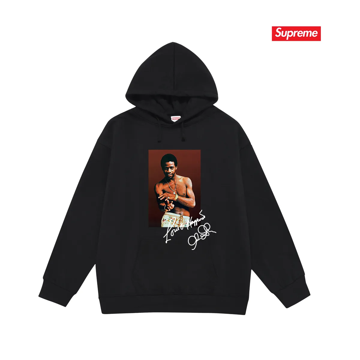 Style No. S2126 #terry P160💰 Velvet P170💰 SupremeSS22Week1AlGreenTee Al Green soul singer character print hooded sweatshirt Made of 400g large terry 430g silver fox velvet (off-shoulder large version) fabric, soft texture and no pilling Imported environmentally friendly printing glue The pattern is bright and three-dimensional Quality 💥Same style for men and women The upper body is trendy Color: black white Gray Size: S M L XL XXL