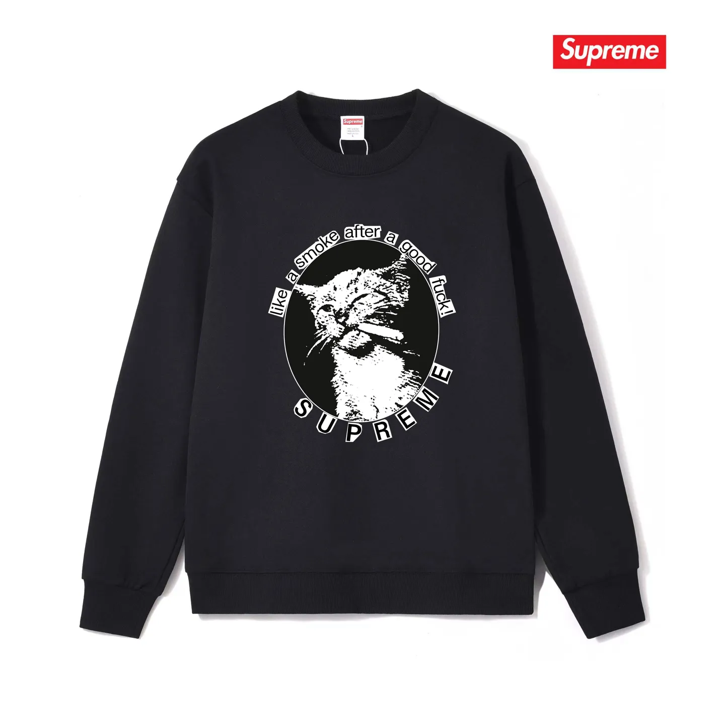 Style No. S1158 #terry p150💰 Plush 160💰 Sup 76SS Smoke Cute kitten smoking pattern round neck sweatshirt Made of 400g large terry (drop shoulder large version) fabric, soft texture and no pilling Imported environmentally friendly printing glue The pattern is bright and three-dimensional Quality💥Male and female style The upper body is trendy Color: black white gray Size: S M L XL XXL