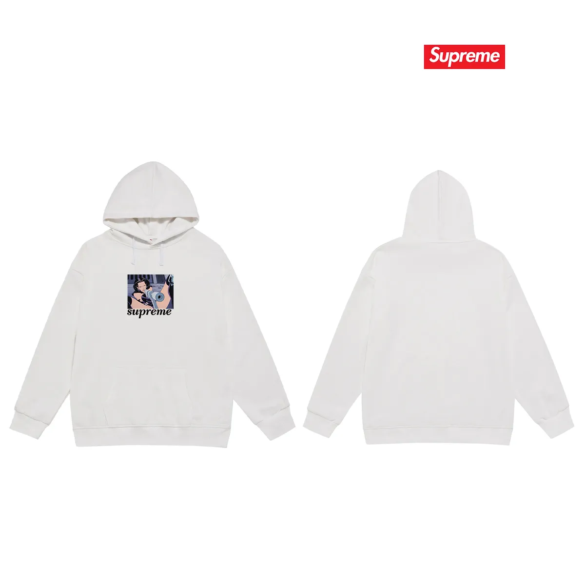 Style No. S2097 #terry P160💰 Velvet P170💰 Supreme SS22 Week6 xAeon Flux joint model Gun Tee magic female warrior cartoon letter printed hooded sweatshirt Made of 400g large terry 430g silver fox velvet (drop shoulder large version) fabric, soft texture and no pilling, imported environmentally friendly printing glue, bright three-dimensional pattern, quality 💥 Unisex style, the upper body is trendy Color: Black White Gray Size: S M L XL XXL