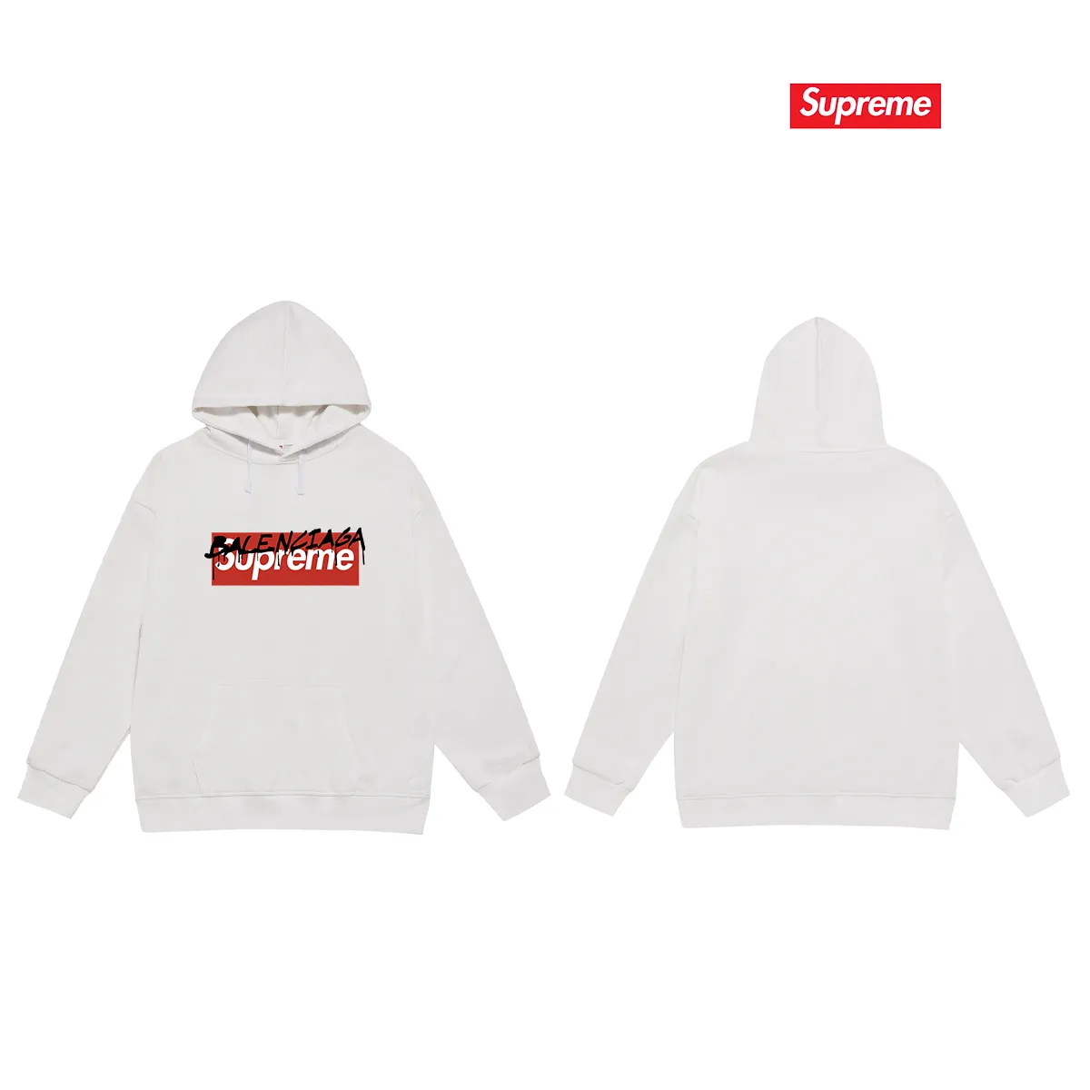 Style No. S2002 #terry P160💰 Velvet P170💰 Balenciaga co-branded supreme printed hooded sweatshirt Made of 400g large terry 430g silver fox velvet (drop shoulder large version) fabric, soft texture and no pilling Imported environmentally friendly printing glue The pattern is bright and three-dimensional Quality 💥Same style for men and women The upper body is trendy Color: White Size: S M L XL XXL