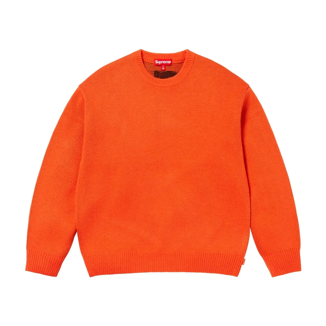 🅿️320 S258 top version SUPREME®/THRASHER® CREWNECK FW24 flame co-branded letter logo sweater OS version same style for men and women Customized YB texture wash mark Wool: 1/13 wool Weaving method: sesame dot jacquard Number of needles: multi-gauge Machine: German STOLL computerized flat knitting machine Size: S~XL Color: black gray orange