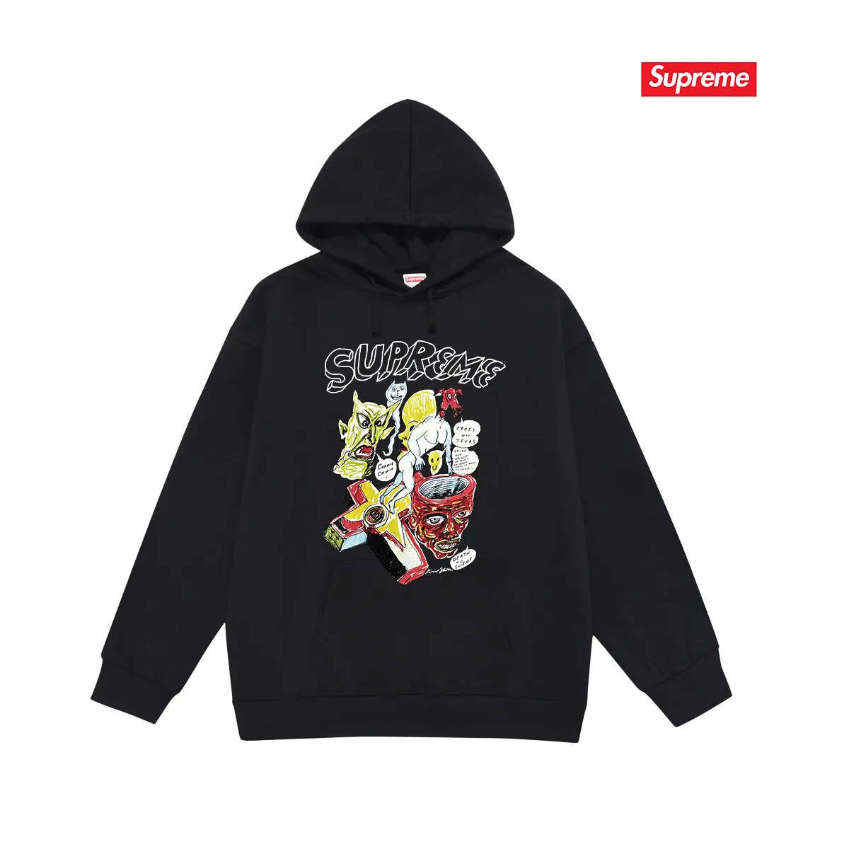 Style No. S2089 #terry P160💰 Velvet P170💰 Supreme Week 12 x Daniel Johnston joint model artistic print hooded sweatshirt Made of 400g large terry 430g silver fox velvet (off-shoulder large version) fabric, soft and non-pilling texture, imported environmentally friendly printing glue, bright and three-dimensional pattern, quality 💥same style for men and women, the upper body is trendy Color: black white gray Size: S M L XL XXL