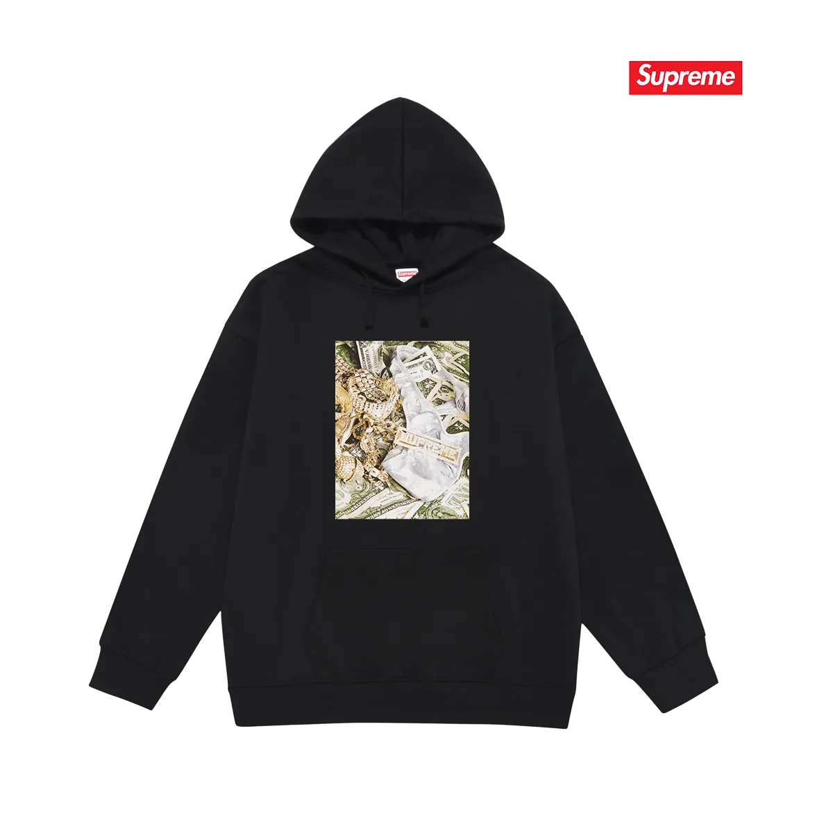 Style No. S2042 #terry P160💰 Velvet P170💰 Supreme SS20 Week 1 Bling Tee dollar printed hooded sweatshirt Made of 400g large terry 430g silver fox velvet (off-shoulder large version) fabric, soft and non-pilling, imported environmentally friendly printing glue, bright and three-dimensional pattern, quality 💥Same style for men and women, the upper body is trendy Color: black white gray Size: S M L XL XXL