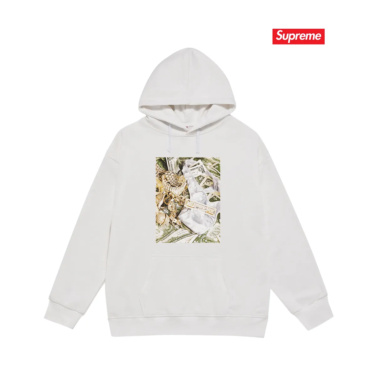 Style No. S2042 #terry P160💰 Velvet P170💰 Supreme SS20 Week 1 Bling Tee dollar printed hooded sweatshirt Made of 400g large terry 430g silver fox velvet (off-shoulder large version) fabric, soft and non-pilling, imported environmentally friendly printing glue, bright and three-dimensional pattern, quality 💥Same style for men and women, the upper body is trendy Color: black white gray Size: S M L XL XXL