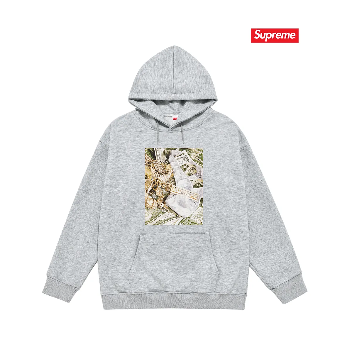Style No. S2042 #terry P160💰 Velvet P170💰 Supreme SS20 Week 1 Bling Tee dollar printed hooded sweatshirt Made of 400g large terry 430g silver fox velvet (off-shoulder large version) fabric, soft and non-pilling, imported environmentally friendly printing glue, bright and three-dimensional pattern, quality 💥Same style for men and women, the upper body is trendy Color: black white gray Size: S M L XL XXL