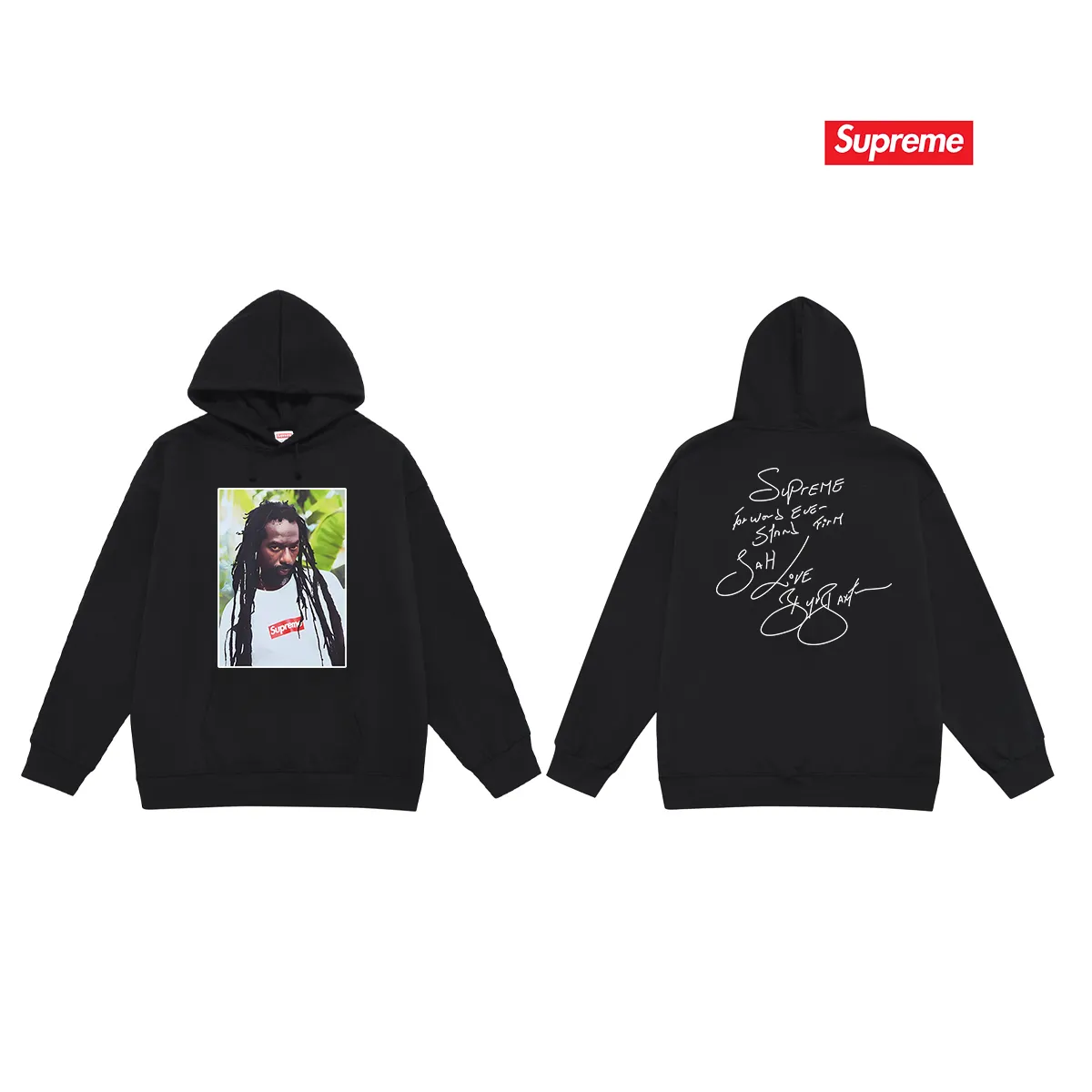 Style No. S2035 #terry P160💰 Velvet P170💰 Supreme SS19 Buju Banton Tee Reggae character print hooded sweatshirt Made of 400g large terry 430g silver fox velvet (drop shoulder large version) fabric, soft texture and no pilling Imported environmentally friendly printing glue The pattern is bright and three-dimensional Quality 💥Same style for men and women The upper body is trendy Color: black white gray Size: S M L XL XXL