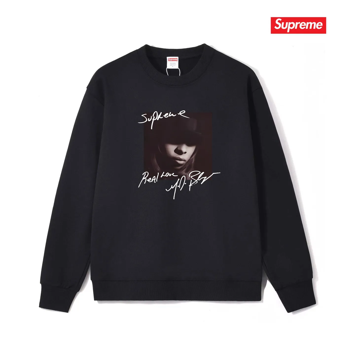 Style No. S1201 #terry p150💰 Velvet 160💰 Supreme FW19 Week 1 Mary J. Blige round neck sweatshirt Made of 400 grams of large terry (drop shoulder large version) fabric, soft and non-pilling texture, imported environmentally friendly printing glue, bright and three-dimensional pattern, quality 💥Same style for men and women, the upper body is fashionable Color: black white gray Size: S M L XL XXL
