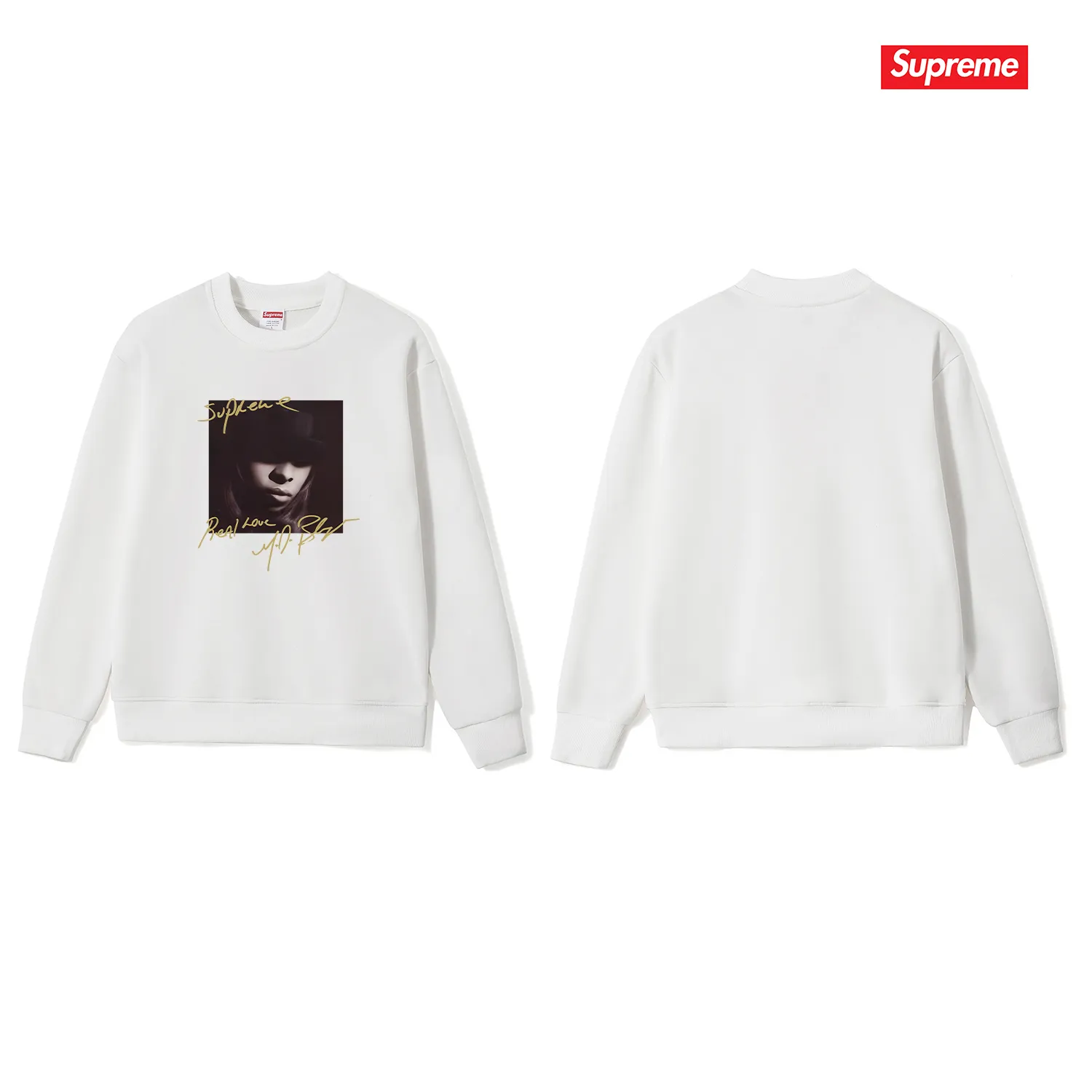 Style No. S1201 #terry p150💰 Velvet 160💰 Supreme FW19 Week 1 Mary J. Blige round neck sweatshirt Made of 400 grams of large terry (drop shoulder large version) fabric, soft and non-pilling texture, imported environmentally friendly printing glue, bright and three-dimensional pattern, quality 💥Same style for men and women, the upper body is fashionable Color: black white gray Size: S M L XL XXL