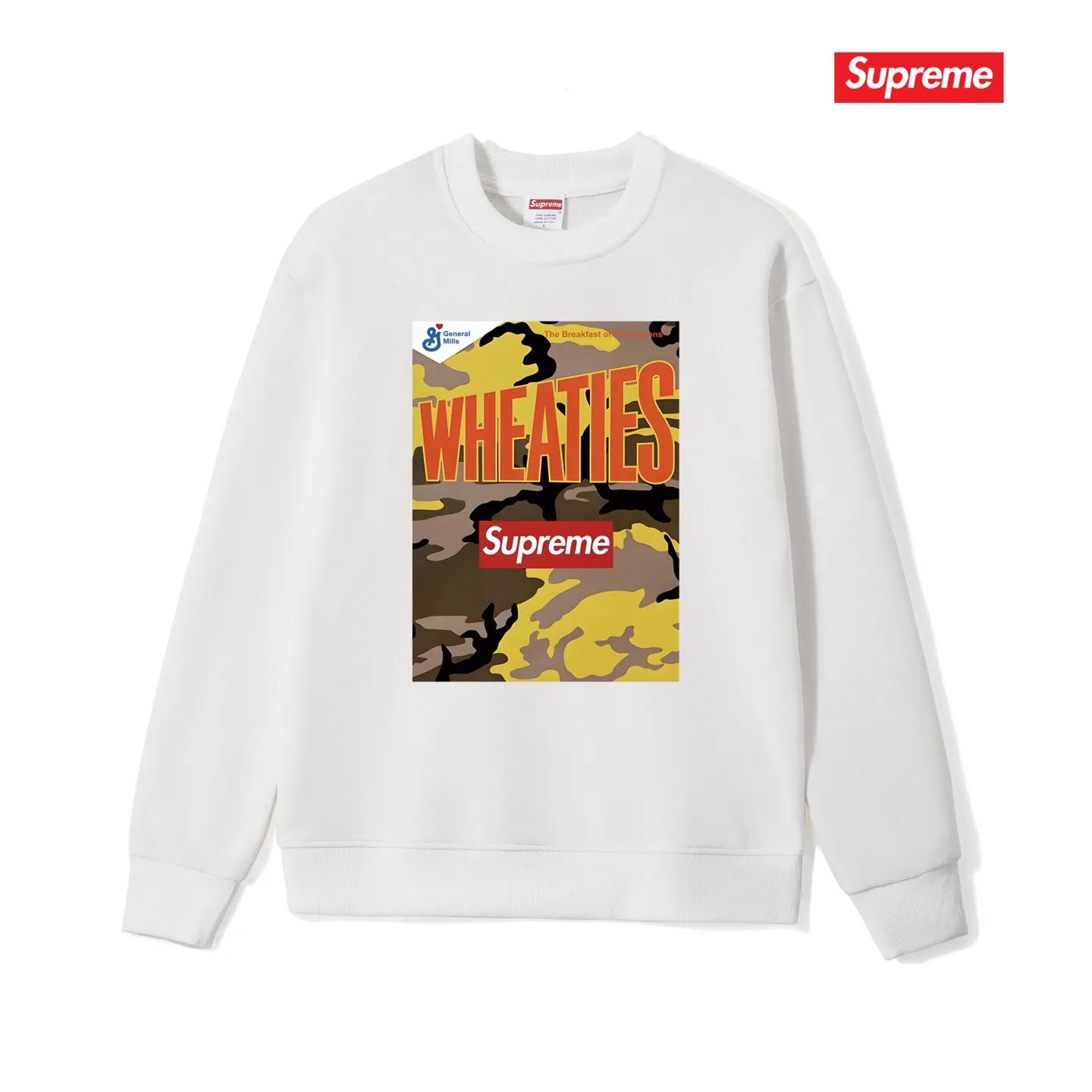 Style No. S1062 #terryp150💰 Velvet 160💰 Supreme SS21 Week6 x Wheaties Tee Oatmeal round-neck sweatshirt Made of 400g large terry (drop shoulder large version) fabric, soft texture and no pilling Imported environmentally friendly printing glue The pattern is bright and three-dimensional Quality 💥Same style for men and women The upper body is trendy Color: black white gray Size: S M L XL XXL
