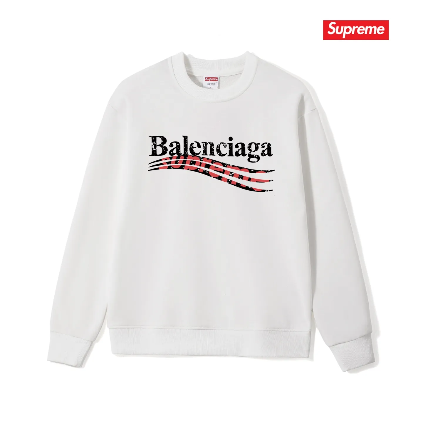 Style No. S1004 #terryp150💰 Velvet 160💰 Balenciaga co-branded supreme round neck sweatshirt. Made of 400g large terry (drop shoulder large version) fabric. The texture is soft and non-pilling. Imported environmentally friendly printing glue. The pattern is bright and three-dimensional. Quality💥Same style for men and women. The upper body is trendy. Color: White Size: S M L XL XXL