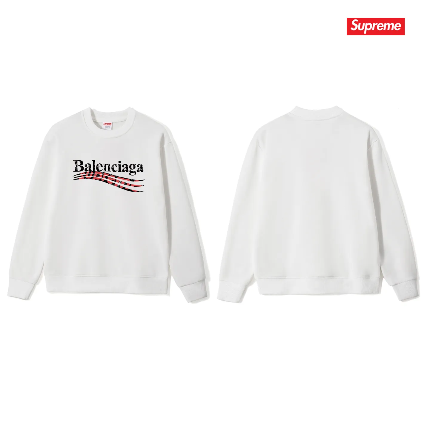 Style No. S1004 #terryp150💰 Velvet 160💰 Balenciaga co-branded supreme round neck sweatshirt. Made of 400g large terry (drop shoulder large version) fabric. The texture is soft and non-pilling. Imported environmentally friendly printing glue. The pattern is bright and three-dimensional. Quality💥Same style for men and women. The upper body is trendy. Color: White Size: S M L XL XXL