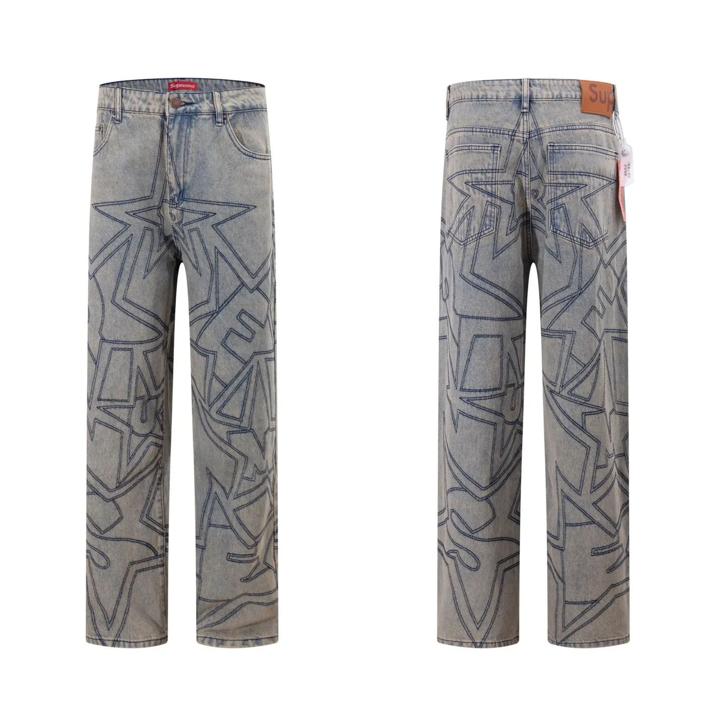 P260 model number: H88 Supreme & SS25 Paris-limited five-pointed star jeans for the opening season. Large R embroidered color jeans. Styles with different wash textures are very friendly to people with thin legs and thick legs. The slightly flared version is very flattering to the leg shape. Moderate length that never goes out of style, easy to match with casual, basic styling for various styles, a must-have in the wardrobe! The fabric is stiff but also makes the upper body soft without losing texture. The washing process is even more perfect. It is a must-have item for everyone! ! ! Washed wheat, hang tag, pants label, three labels complete Size: 30-32-34-36 Color: blue
