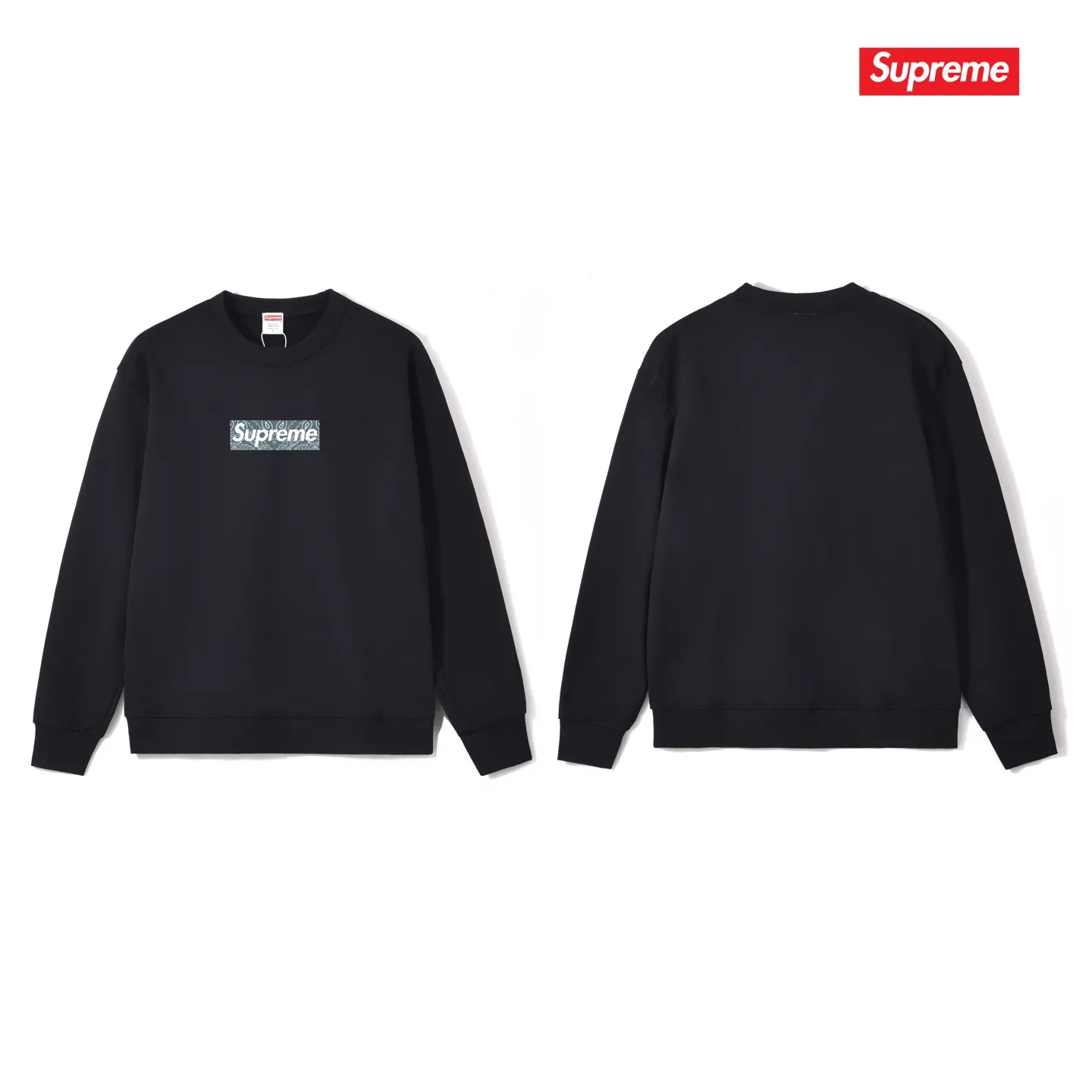 Style No. S1049 #terry p150💰 Velvet 160💰 Supreme Week 17 Bandana Box Logo Tee Cashew flower logo round neck sweatshirt Made of 400 grams of large terry (drop shoulder large version) fabric, soft texture and no pilling Imported environmentally friendly printing glue The pattern is bright and three-dimensional Quality 💥Same style for men and women The upper body is fashionable Color: black white gray Size: S M L XL XXL