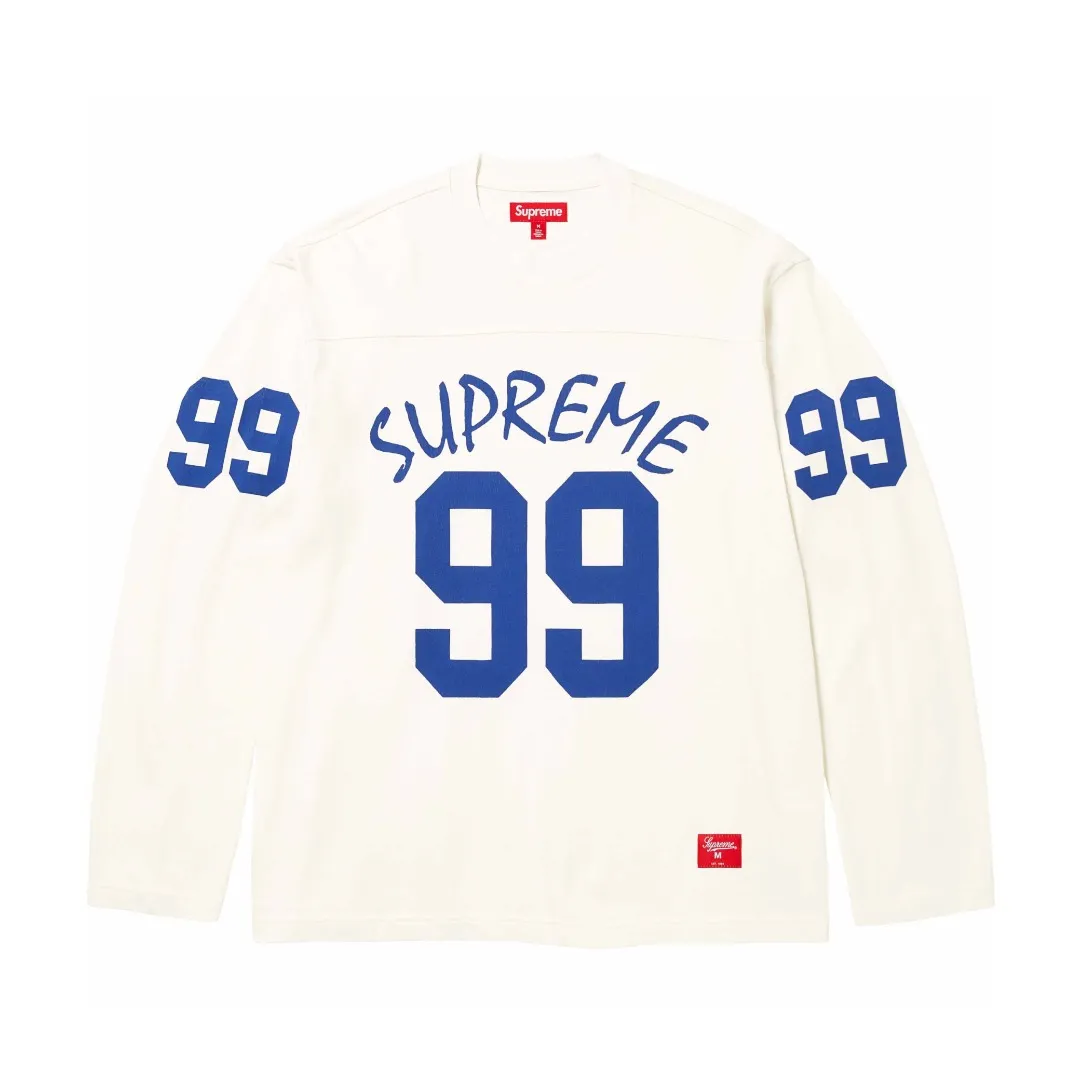 🅿️240 S261 top version Supreme 24ss 99 L/S FOOTBALL TOP 198 printed long sleeves ZP test custom-woven and dyed pure cotton 320g fabric Printing uses thermoset ink printing, also known as plastic ink, or self-adhesive ink. Its ingredients are: mainly composed of polyvinyl chloride (PVC) and phthalates. PVC and phthalates, color fixing agents, stabilizers, and thickeners are mixed to form thermoset ink. It is not the digital direct printing advertised on the market. The printing texture of thermoset ink is unachievable by digital direct printing. Customized ZP co-branding Main label/wash water label/tag/packaging bag (equipped with extra large thickened handbag) There is a probability of passing the inspection version, and the original packaging picture has a high probability of passing. Size: S-XL