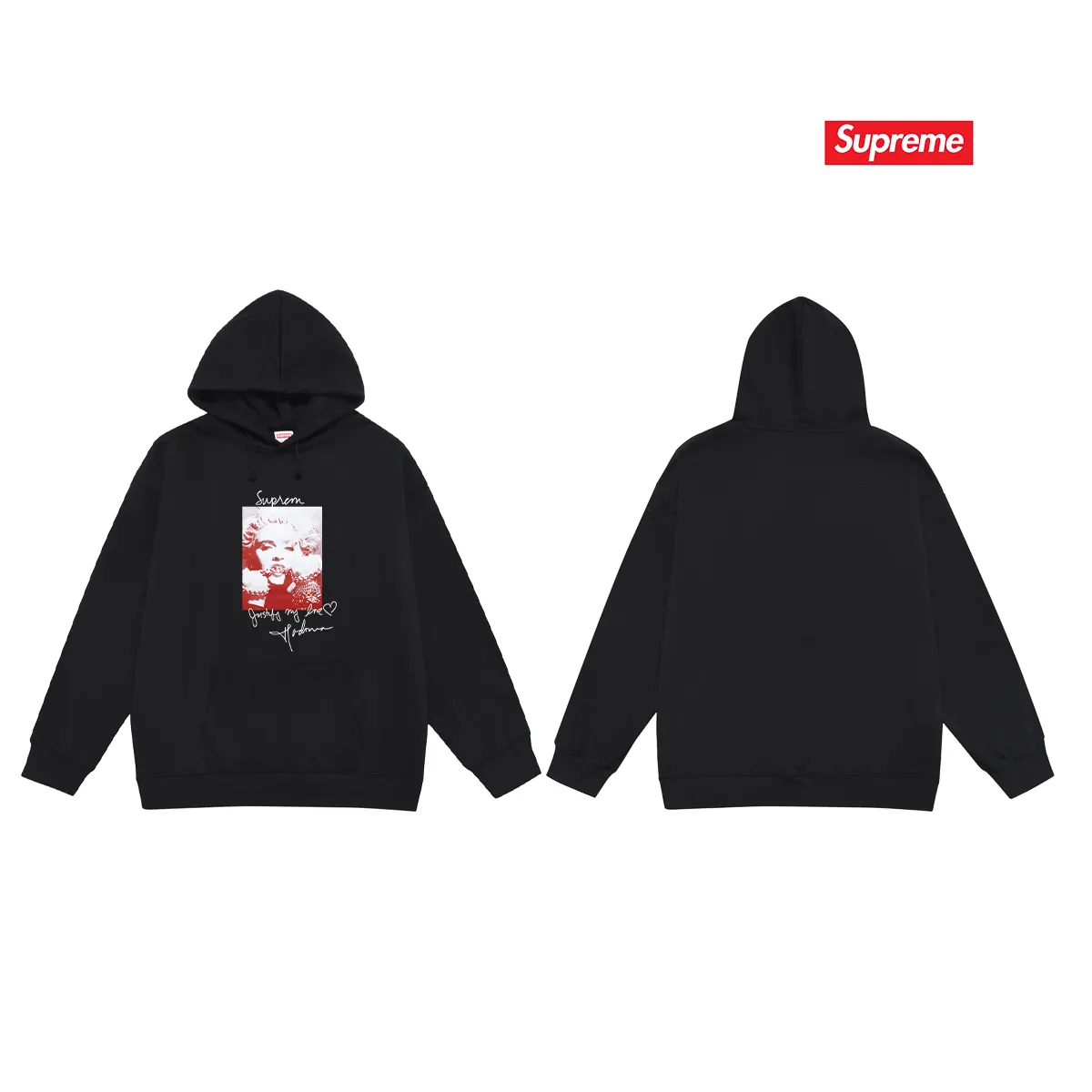 Style No. S2206 #terry P160💰 Velvet P170💰 Supreme FW18 Madonna Tee Navy Madonna printed hooded sweatshirt Made of 400g large terry 430g silver fox velvet (off-shoulder large version) fabric, soft texture and no pilling Imported environmentally friendly printing glue The pattern is bright and three-dimensional Quality 💥Same style for men and women The upper body is trendy Color: black white gray Size: S M L XL XXL