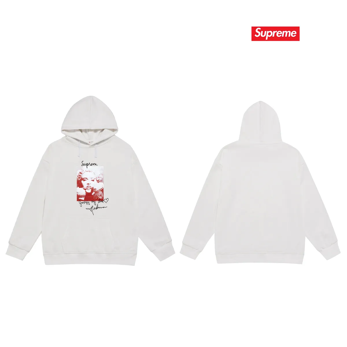 Style No. S2206 #terry P160💰 Velvet P170💰 Supreme FW18 Madonna Tee Navy Madonna printed hooded sweatshirt Made of 400g large terry 430g silver fox velvet (off-shoulder large version) fabric, soft texture and no pilling Imported environmentally friendly printing glue The pattern is bright and three-dimensional Quality 💥Same style for men and women The upper body is trendy Color: black white gray Size: S M L XL XXL