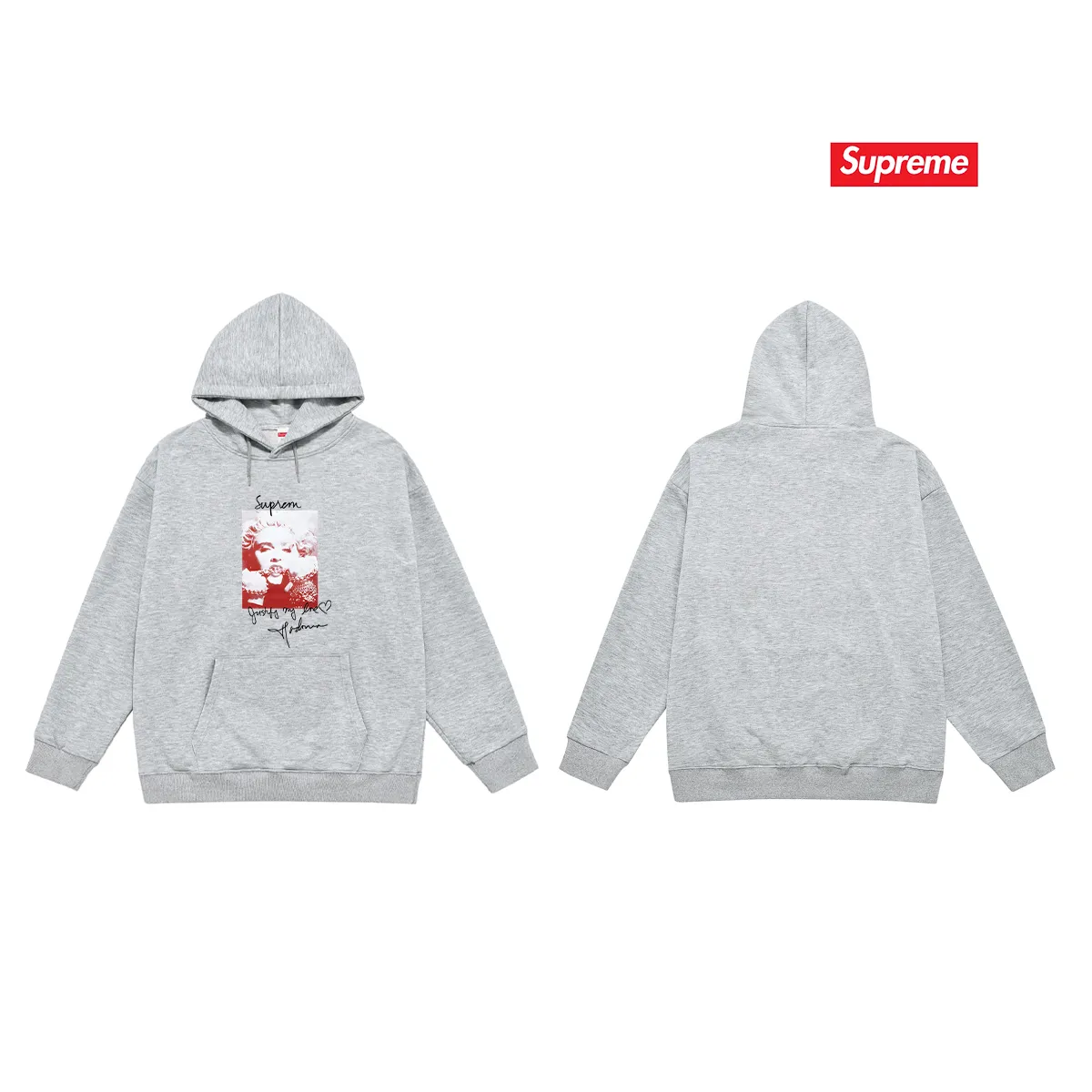 Style No. S2206 #terry P160💰 Velvet P170💰 Supreme FW18 Madonna Tee Navy Madonna printed hooded sweatshirt Made of 400g large terry 430g silver fox velvet (off-shoulder large version) fabric, soft texture and no pilling Imported environmentally friendly printing glue The pattern is bright and three-dimensional Quality 💥Same style for men and women The upper body is trendy Color: black white gray Size: S M L XL XXL