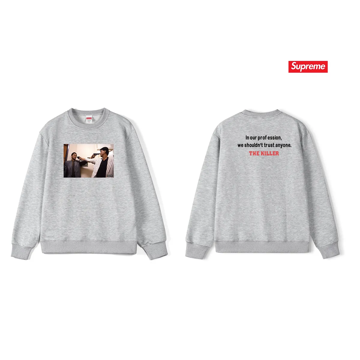 Style No. S1036 #terryp150💰 Velvet 160💰 Supreme FW18 The Killer Trust Tee Red Chow Yun-fat printed round neck sweatshirt Made of 400 grams of large terry (drop shoulder large version) fabric, soft texture and no pilling Imported environmentally friendly printing glue The pattern is bright and three-dimensional Quality 💥Same style for men and women The upper body is trendy Color: black white gray Size: S M L XL XXL
