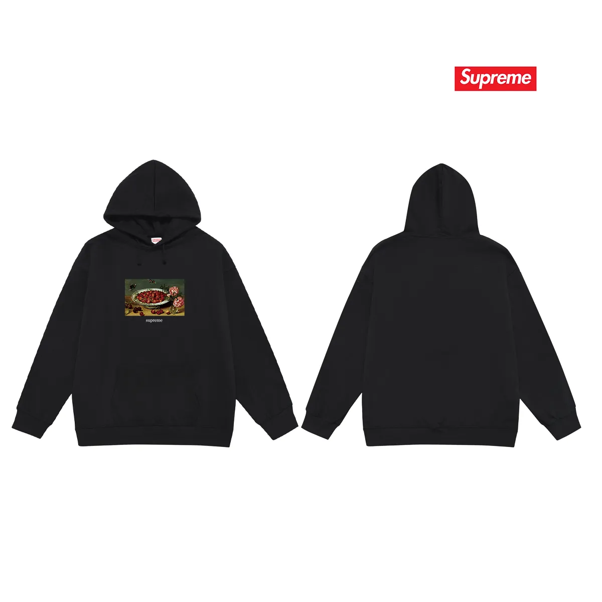 Style number S2016 #terry P160💰 Velvet P170💰 Supreme SS23 Week9 STRAWBERRIES TEE Strawberry pattern printed hooded sweatshirt Made of 400g large terry 430g silver fox velvet (drop shoulder large version) fabric, soft texture and no pilling Imported environmentally friendly printing glue The pattern is bright and three-dimensional Quality 💥Same style for men and women The upper body is trendy Color: black white gray Size: S M L XL XXL