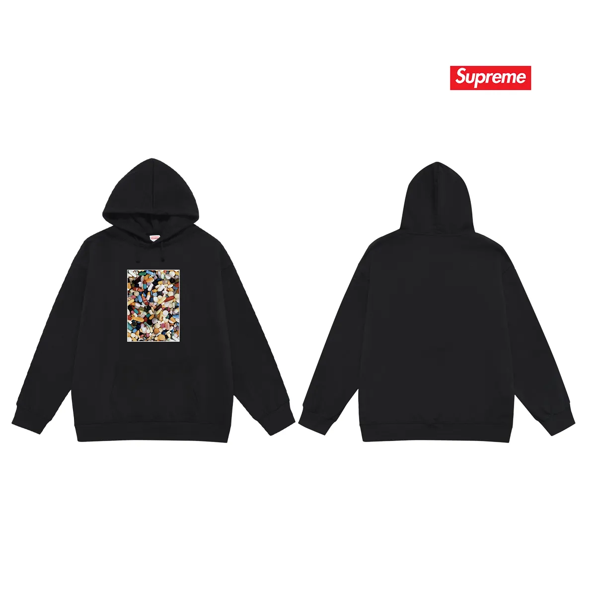 Style No. S2014 #terry P160💰 Velvet P170💰 Supreme Week 7 Pills Tee pill tee printed hooded sweatshirt Made of 400g large terry 430g silver fox velvet (drop shoulder large version) fabric, soft texture and no pilling Imported environmentally friendly printing glue The pattern is bright and three-dimensional Quality 💥Same style for men and women The upper body is trendy Color: black white gray Size: S M L XL XXL