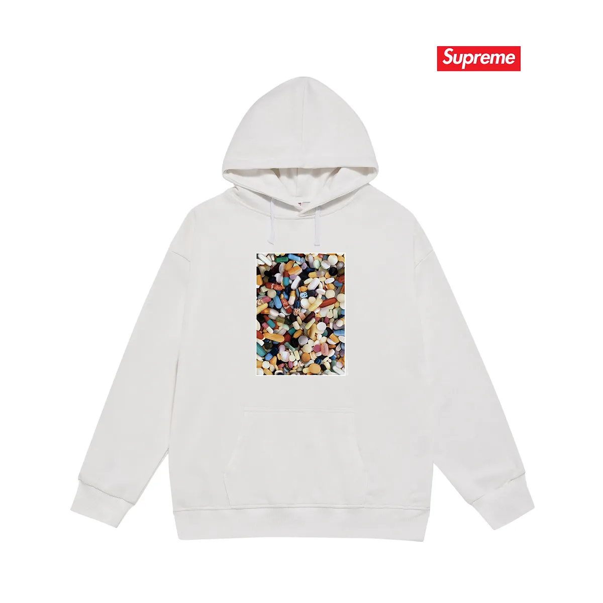 Style No. S2014 #terry P160💰 Velvet P170💰 Supreme Week 7 Pills Tee pill tee printed hooded sweatshirt Made of 400g large terry 430g silver fox velvet (drop shoulder large version) fabric, soft texture and no pilling Imported environmentally friendly printing glue The pattern is bright and three-dimensional Quality 💥Same style for men and women The upper body is trendy Color: black white gray Size: S M L XL XXL