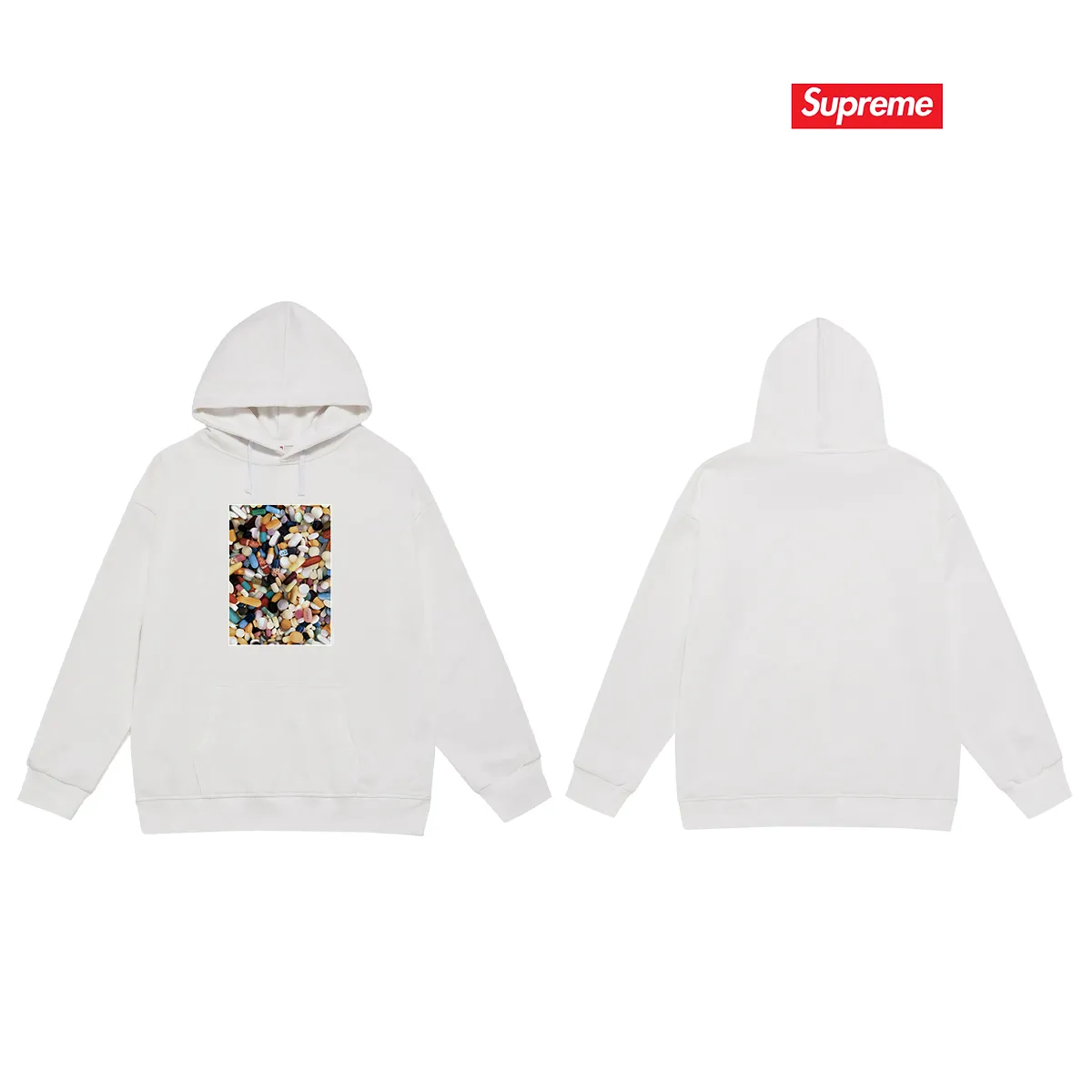 Style No. S2014 #terry P160💰 Velvet P170💰 Supreme Week 7 Pills Tee pill tee printed hooded sweatshirt Made of 400g large terry 430g silver fox velvet (drop shoulder large version) fabric, soft texture and no pilling Imported environmentally friendly printing glue The pattern is bright and three-dimensional Quality 💥Same style for men and women The upper body is trendy Color: black white gray Size: S M L XL XXL