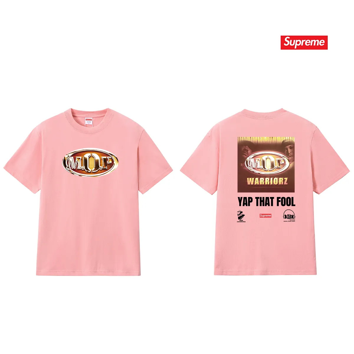 S231 P110💰 Supreme 24FW MOP Hooded rap group co-branded short-sleeved T-shirt. Loose fit. Made of 260g combed cotton double yarn. All three standards are complete from fabric to accessories. ZP. The slurry printing imported from Matsui Company will never crack. The whole piece adopts three-needle and five-thread technology. The neckline-shoulder seam-sleeve seam is double-lined, which looks more three-dimensional and textured.) The same process as the original version, classic version Feel free to compare zp. The whole piece adopts three-needle five-thread craftsmanship (neckline-shoulder seam-sleeve seam double thread, which looks more three-dimensional and textured). It has the same craftsmanship as the original original, classic version. Color: black, white, light gray, pink, navy. Size: S M L XL XXL