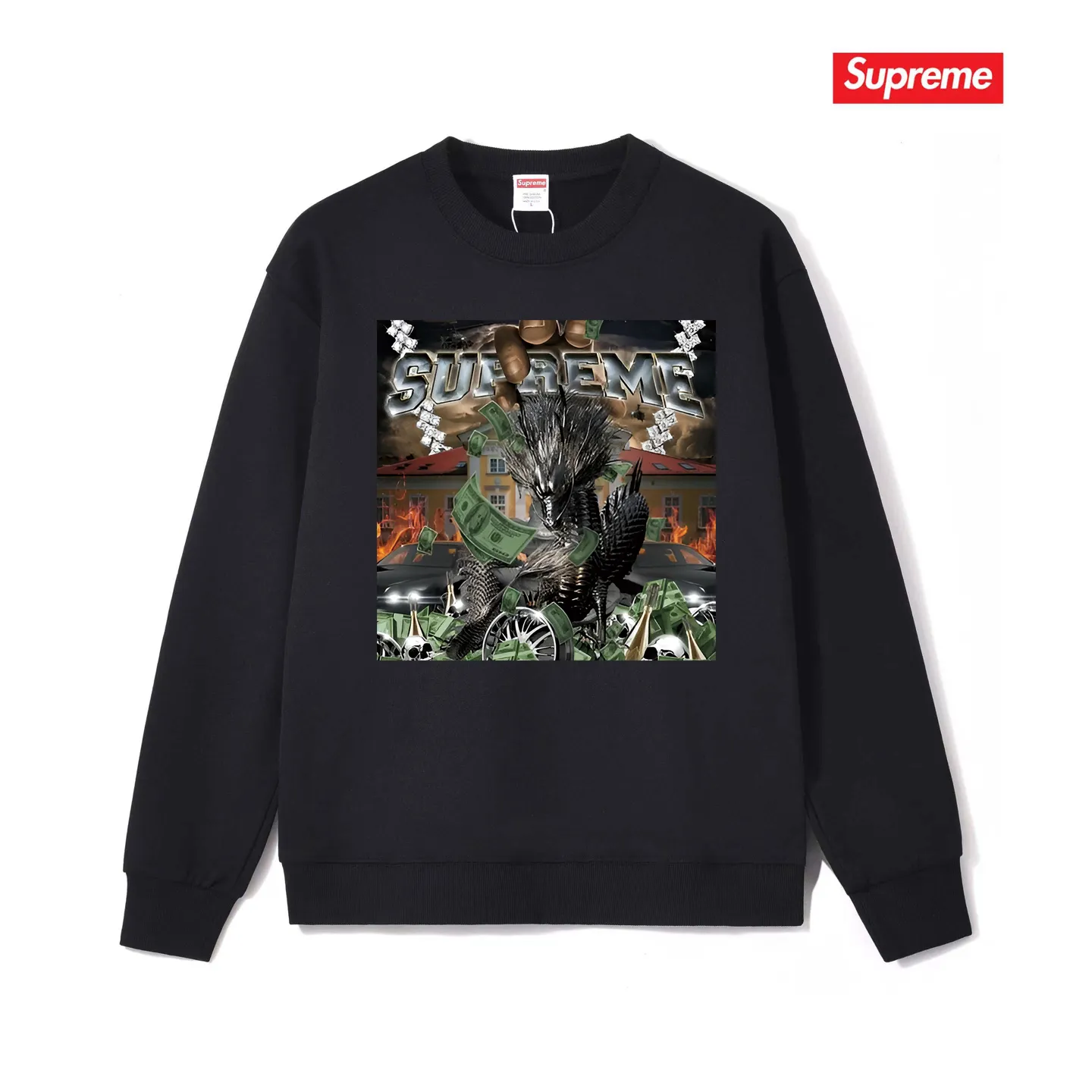 Style No. S1022 #terry p150💰 Plush 160💰 Supreme Week 8 Dragon Tee Mechanical dragon print round neck sweatshirt Made of 400g large terry (drop shoulder large version) fabric, soft texture and no pilling Imported environmentally friendly printing glue The pattern is bright and three-dimensional Quality💥Same style for men and women The upper body is trendy Color: black white gray Size: S M L XL XXL