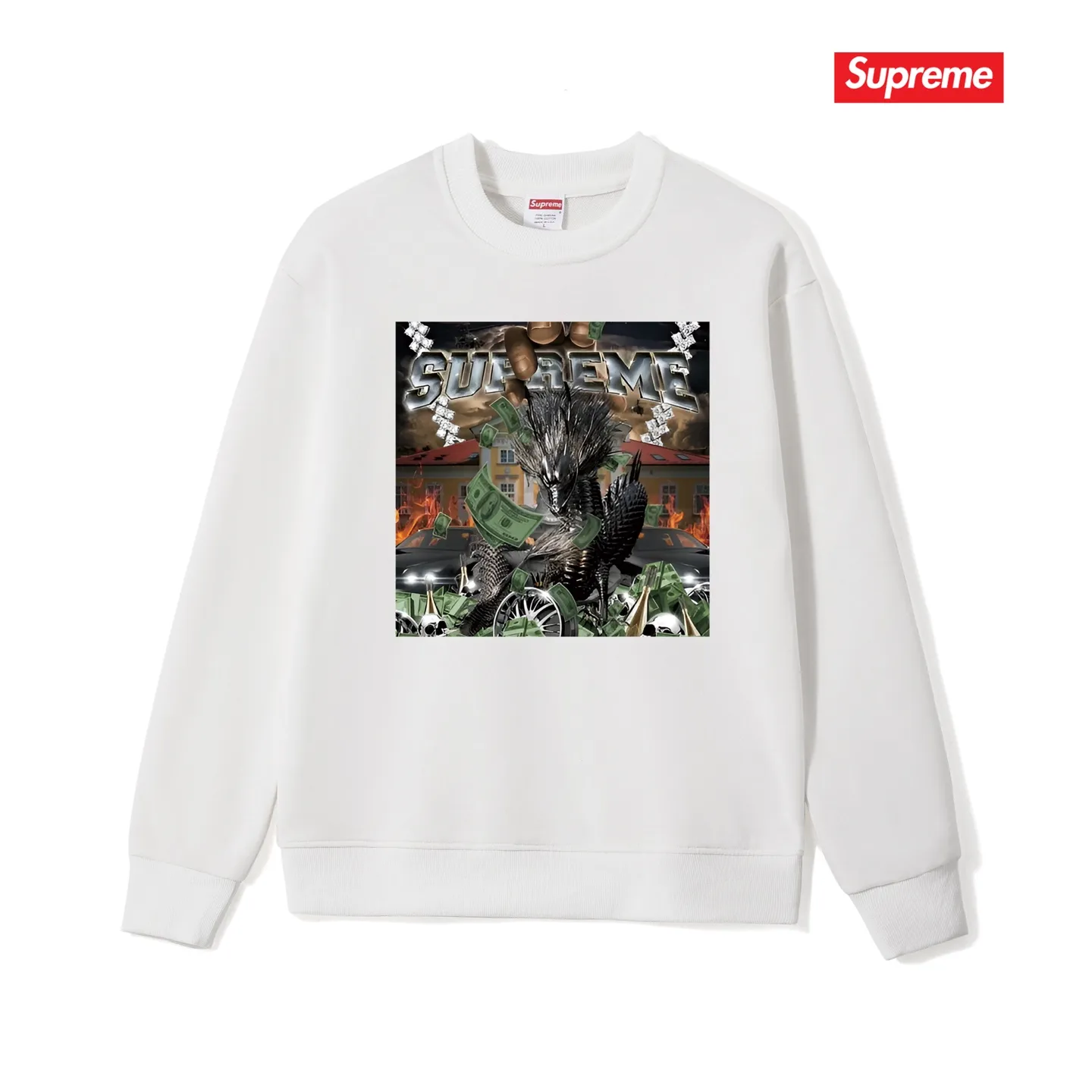 Style No. S1022 #terry p150💰 Plush 160💰 Supreme Week 8 Dragon Tee Mechanical dragon print round neck sweatshirt Made of 400g large terry (drop shoulder large version) fabric, soft texture and no pilling Imported environmentally friendly printing glue The pattern is bright and three-dimensional Quality💥Same style for men and women The upper body is trendy Color: black white gray Size: S M L XL XXL