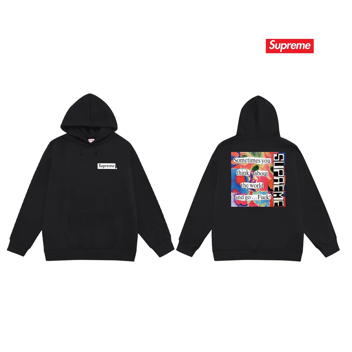 Style No. S2070 #terry P160💰 Velvet P170💰 Balenciaga co-branded supreme printed hooded sweatshirt Made of 400g large terry 430g silver fox velvet (off-shoulder large version) fabric, soft and non-pilling, imported environmentally friendly printing glue, bright and three-dimensional pattern, quality 💥Same style for men and women. The upper body is trendy. Color: black white gray Size: S M L XL XXL
