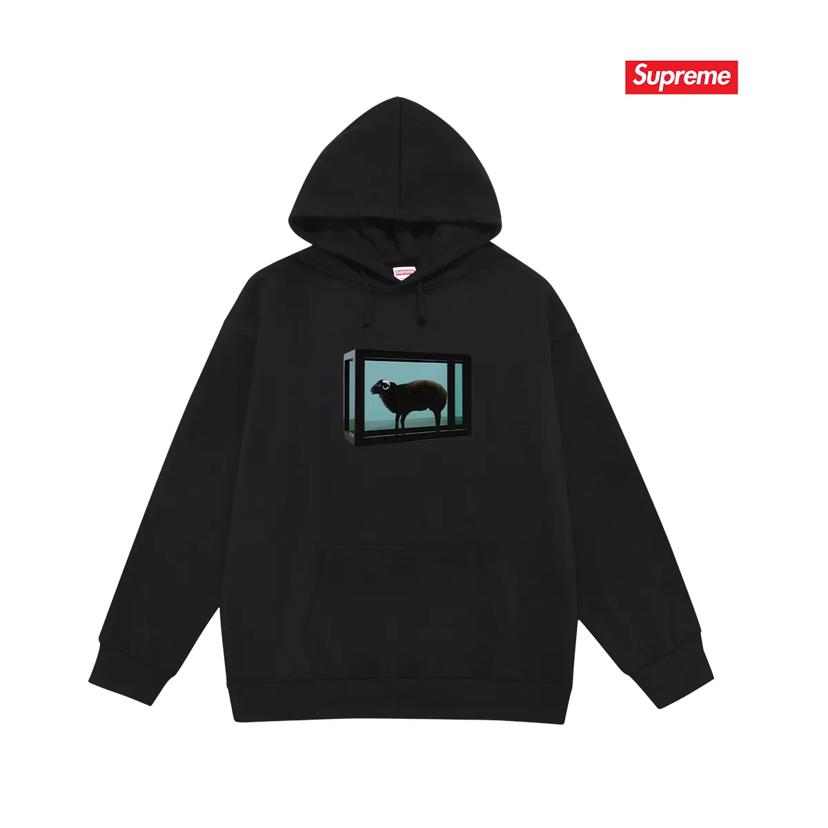 Style number S2143 #terry P160💰 plus fleece P170💰 SUPREME retro niche trendy brand sheep print hooded sweatshirt made of 400g large terry 430g silver fox velvet (off-shoulder large version) fabric, soft texture and no pilling, imported environmentally friendly printing glue, bright and three-dimensional pattern, quality 💥same style for men and women, the upper body is trendy Color: black white gray Size: S M L XL XXL