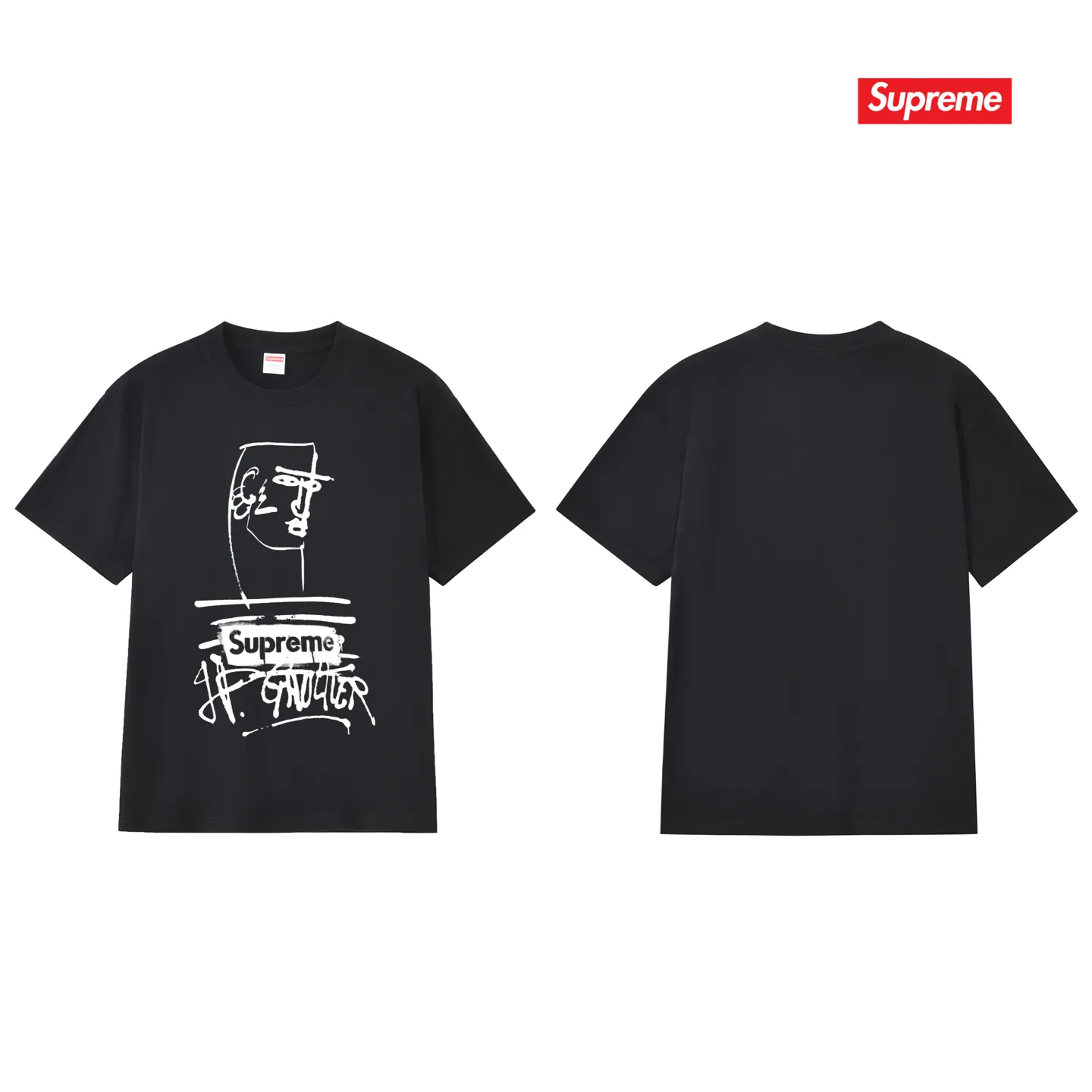S254 P110💰 Supreme SS19 x Jean Paul Gaultier Tee Black joint model, graffiti printed short-sleeved American trendy T-shirt, same style for men and women, loose fit, made of 260g combed cotton double yarn, from fabric to accessories, all three standards are complete and follow ZP. Imported Matsui Company pulp printing will never crack. The whole piece is made with a three-needle five-thread process. The neckline-shoulder seam-sleeve seam is double-lined, and it looks more three-dimensional and textured. The process is the same as the authentic original version. The classic version. Feel free to compare zp. The whole piece is made of a three-needle five-thread process. The neckline-shoulder seam-sleeve seam is double-threaded, which looks more three-dimensional and textured. The process is the same as the authentic original version. The classic version. Color: Black White Light Gray Pink Navy Size: S M L XL XXL