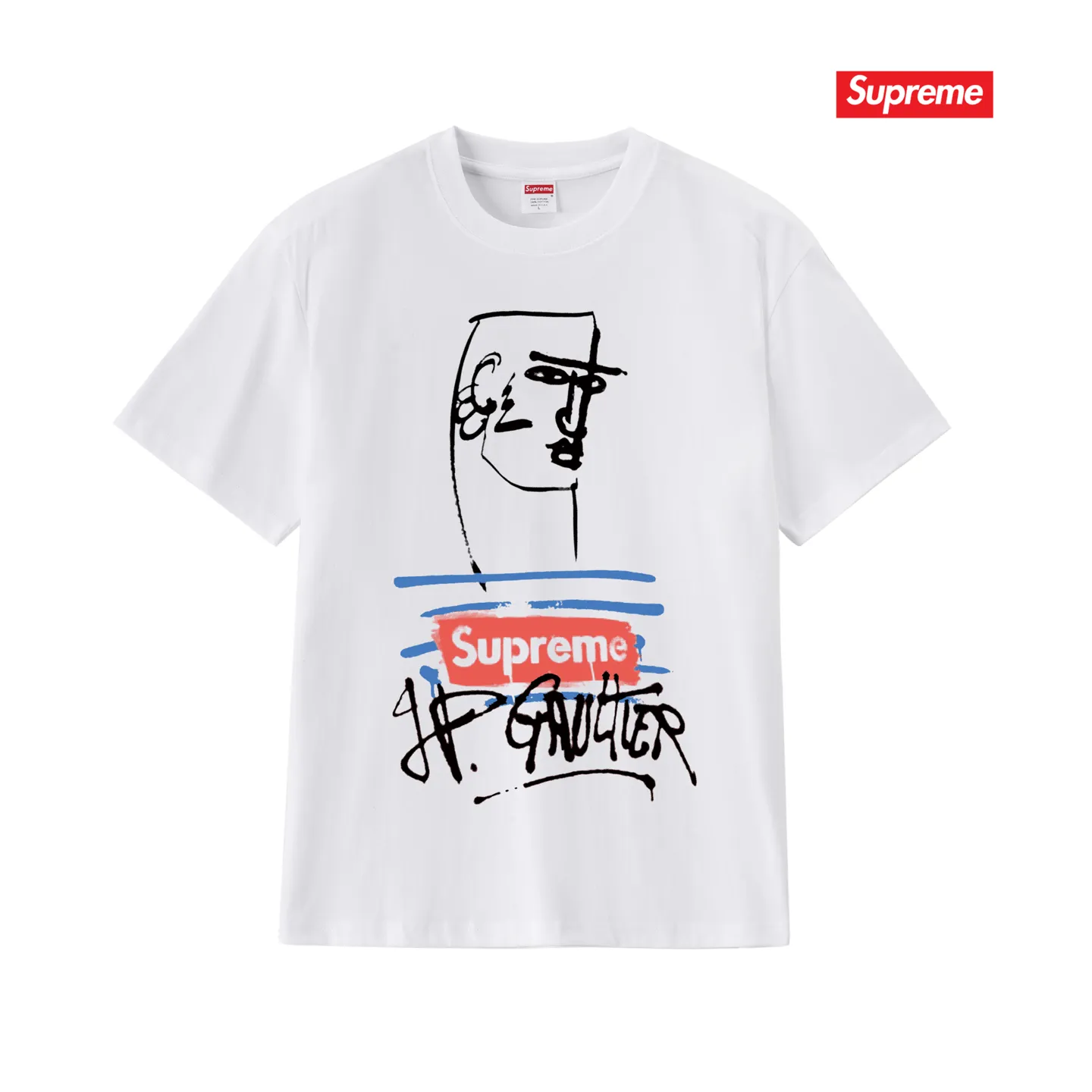 S254 P110💰 Supreme SS19 x Jean Paul Gaultier Tee Black joint model, graffiti printed short-sleeved American trendy T-shirt, same style for men and women, loose fit, made of 260g combed cotton double yarn, from fabric to accessories, all three standards are complete and follow ZP. Imported Matsui Company pulp printing will never crack. The whole piece is made with a three-needle five-thread process. The neckline-shoulder seam-sleeve seam is double-lined, and it looks more three-dimensional and textured. The process is the same as the authentic original version. The classic version. Feel free to compare zp. The whole piece is made of a three-needle five-thread process. The neckline-shoulder seam-sleeve seam is double-threaded, which looks more three-dimensional and textured. The process is the same as the authentic original version. The classic version. Color: Black White Light Gray Pink Navy Size: S M L XL XXL