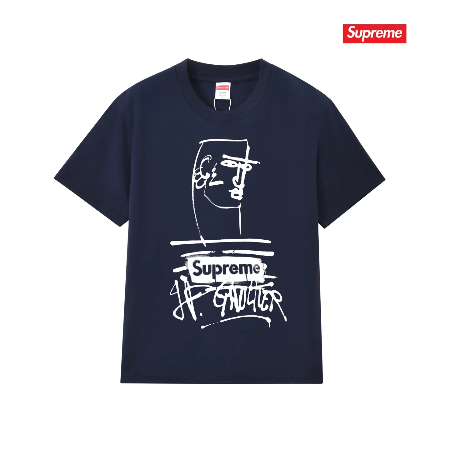S254 P110💰 Supreme SS19 x Jean Paul Gaultier Tee Black joint model, graffiti printed short-sleeved American trendy T-shirt, same style for men and women, loose fit, made of 260g combed cotton double yarn, from fabric to accessories, all three standards are complete and follow ZP. Imported Matsui Company pulp printing will never crack. The whole piece is made with a three-needle five-thread process. The neckline-shoulder seam-sleeve seam is double-lined, and it looks more three-dimensional and textured. The process is the same as the authentic original version. The classic version. Feel free to compare zp. The whole piece is made of a three-needle five-thread process. The neckline-shoulder seam-sleeve seam is double-threaded, which looks more three-dimensional and textured. The process is the same as the authentic original version. The classic version. Color: Black White Light Gray Pink Navy Size: S M L XL XXL