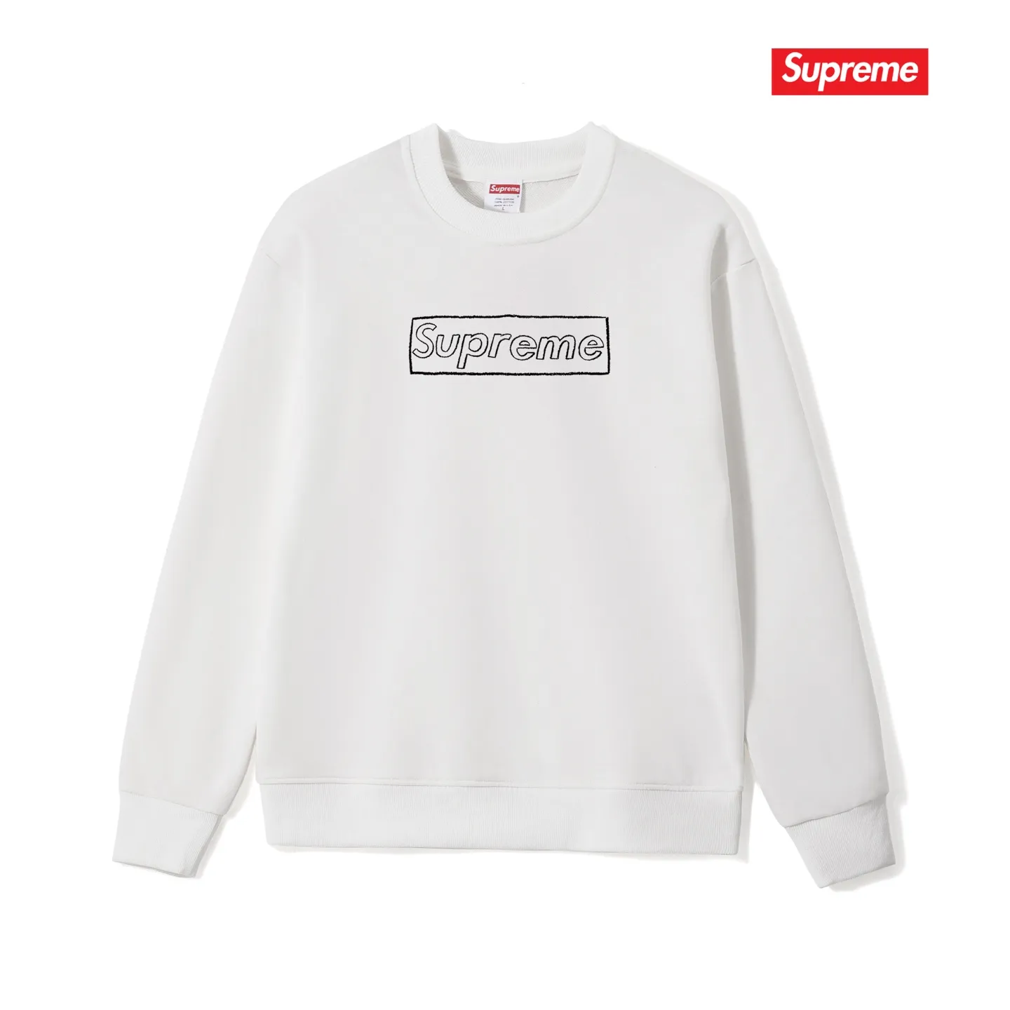 Style No. S1077 #terry p150💰 Velvet 160💰 Supreme Week 18 x KAWS Joint Chalk Logo Tee Chalk Letter Box Solid Logo Print Round Neck Sweatshirt Made of 400g large terry (drop shoulder large version) fabric Soft texture and no pilling Imported environmentally friendly printing glue The pattern is bright and three-dimensional Quality💥Same style for men and women The upper body is trendy Color: Black White Gray Size: S M L XL XXL