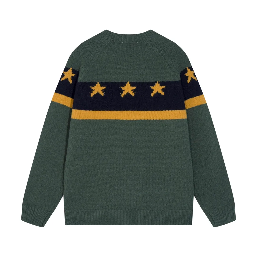 P300 Sup supreme chest striped five-pointed star jacquard crew neck sweater Color: black blue green Size: S M L XL XXL