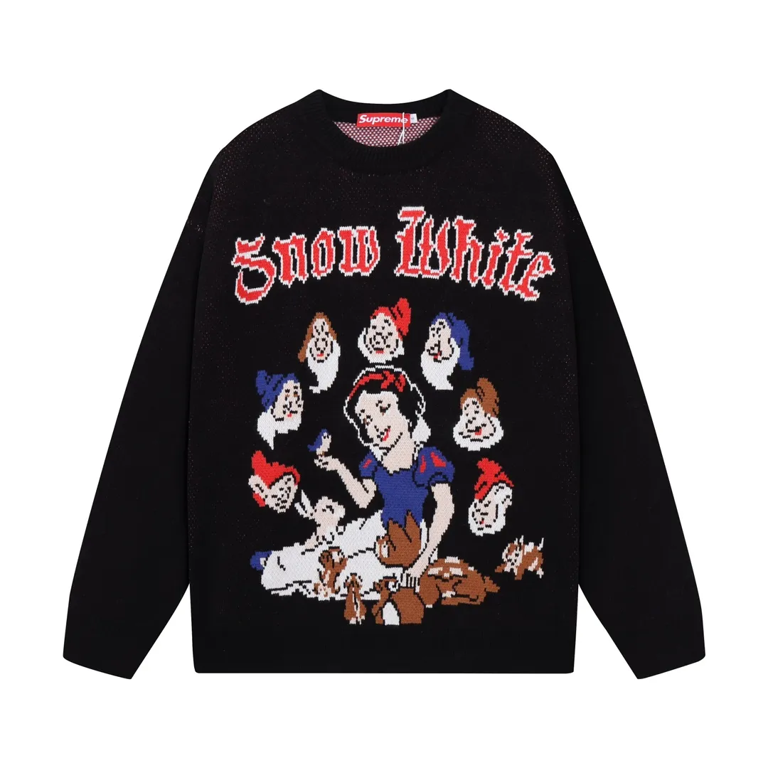 P300 supreme Snow White and the Seven Dwarfs jacquard crew neck sweater Color: Black White Size: S M L XL XXL