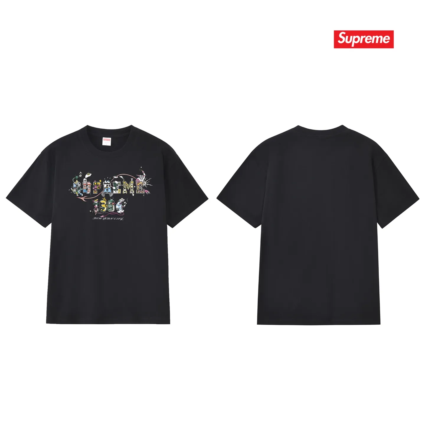 S165 P110💰 Sup SS24 summer T-shirt series WEEK19 cartoon logo letter printed pure cotton round neck short-sleeved T-shirt. Loose fit. Made of 260g combed cotton double yarn. From fabric to accessories, all three standards are complete and follow ZP. Imported Matsui company's slurry printing will never crack. The whole piece adopts three-needle five-thread technology. The collar-shoulder seam-sleeve seam is double-lined, which looks more three-dimensional and textured.) The same process as the original version, classic version Feel free to compare zp. The whole piece adopts three-needle five-thread craftsmanship (neckline-shoulder seam-sleeve seam double thread, which looks more three-dimensional and textured). It has the same craftsmanship as the original original, classic version. Color: black, white, light gray, navy blue, pink. Size: S M L XL XXL