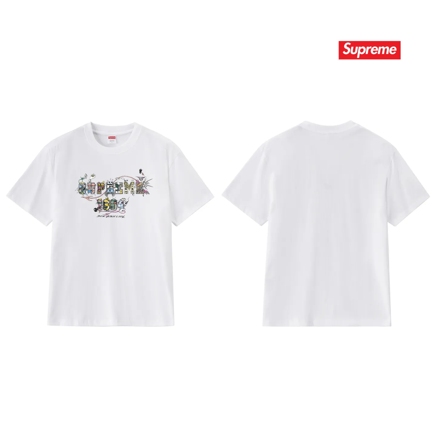 S165 P110💰 Sup SS24 summer T-shirt series WEEK19 cartoon logo letter printed pure cotton round neck short-sleeved T-shirt. Loose fit. Made of 260g combed cotton double yarn. From fabric to accessories, all three standards are complete and follow ZP. Imported Matsui company's slurry printing will never crack. The whole piece adopts three-needle five-thread technology. The collar-shoulder seam-sleeve seam is double-lined, which looks more three-dimensional and textured.) The same process as the original version, classic version Feel free to compare zp. The whole piece adopts three-needle five-thread craftsmanship (neckline-shoulder seam-sleeve seam double thread, which looks more three-dimensional and textured). It has the same craftsmanship as the original original, classic version. Color: black, white, light gray, navy blue, pink. Size: S M L XL XXL