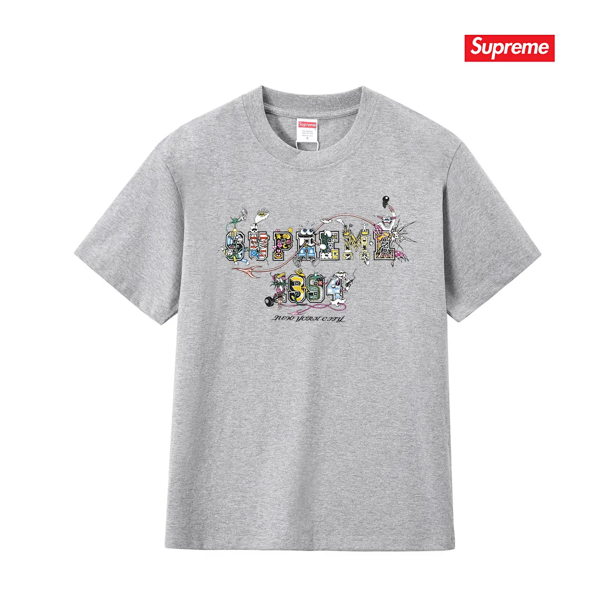 S165 P110💰 Sup SS24 summer T-shirt series WEEK19 cartoon logo letter printed pure cotton round neck short-sleeved T-shirt. Loose fit. Made of 260g combed cotton double yarn. From fabric to accessories, all three standards are complete and follow ZP. Imported Matsui company's slurry printing will never crack. The whole piece adopts three-needle five-thread technology. The collar-shoulder seam-sleeve seam is double-lined, which looks more three-dimensional and textured.) The same process as the original version, classic version Feel free to compare zp. The whole piece adopts three-needle five-thread craftsmanship (neckline-shoulder seam-sleeve seam double thread, which looks more three-dimensional and textured). It has the same craftsmanship as the original original, classic version. Color: black, white, light gray, navy blue, pink. Size: S M L XL XXL