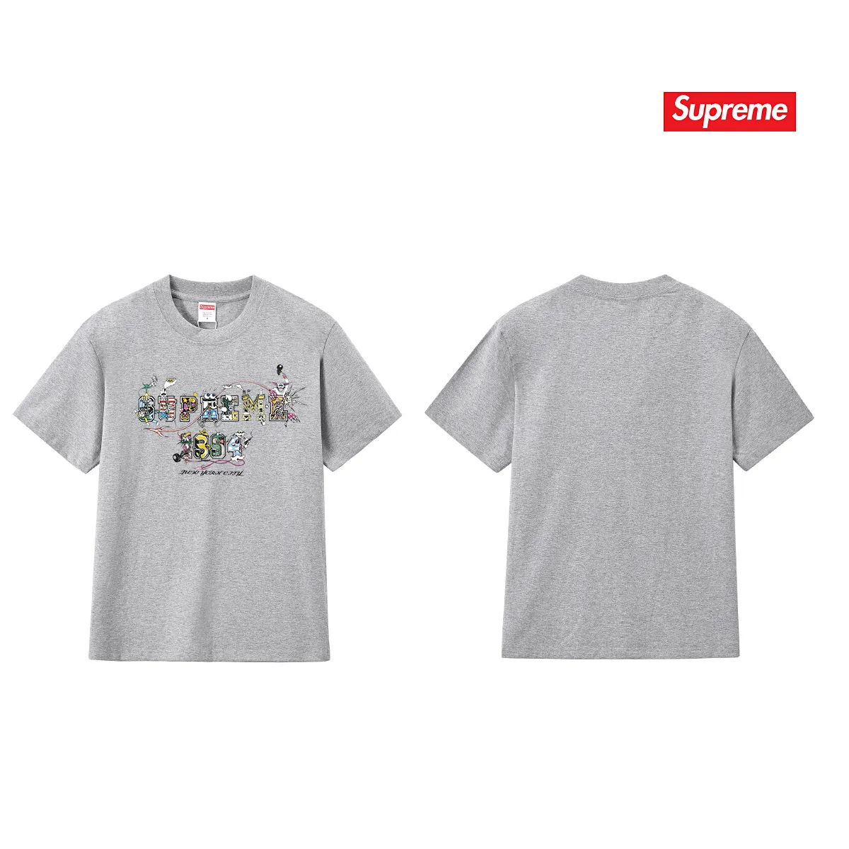 S165 P110💰 Sup SS24 summer T-shirt series WEEK19 cartoon logo letter printed pure cotton round neck short-sleeved T-shirt. Loose fit. Made of 260g combed cotton double yarn. From fabric to accessories, all three standards are complete and follow ZP. Imported Matsui company's slurry printing will never crack. The whole piece adopts three-needle five-thread technology. The collar-shoulder seam-sleeve seam is double-lined, which looks more three-dimensional and textured.) The same process as the original version, classic version Feel free to compare zp. The whole piece adopts three-needle five-thread craftsmanship (neckline-shoulder seam-sleeve seam double thread, which looks more three-dimensional and textured). It has the same craftsmanship as the original original, classic version. Color: black, white, light gray, navy blue, pink. Size: S M L XL XXL