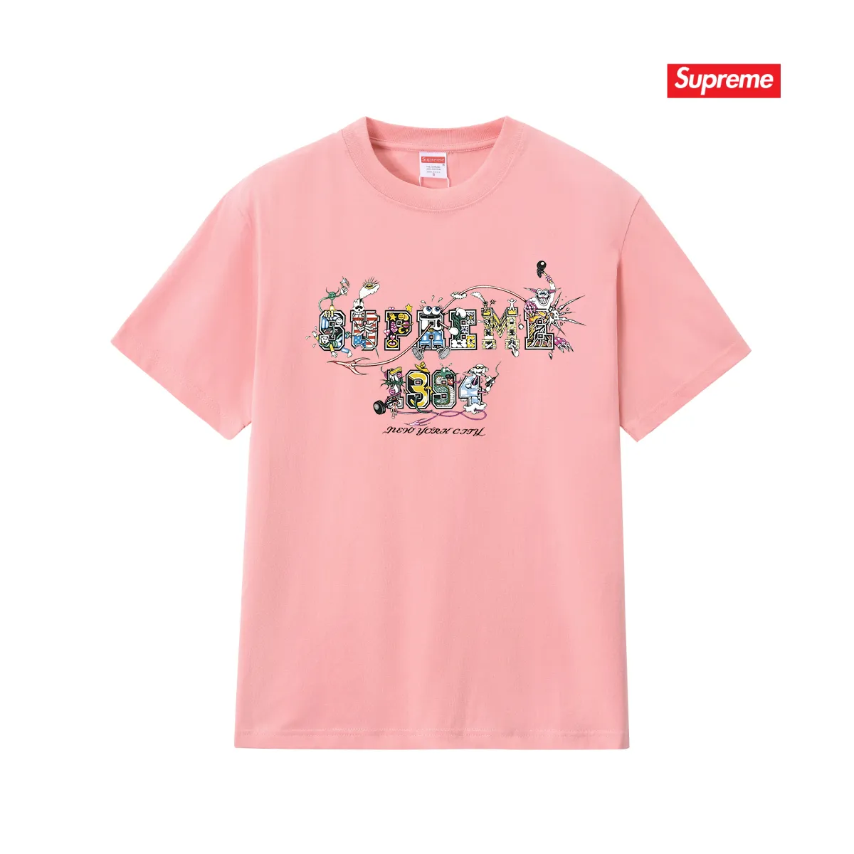 S165 P110💰 Sup SS24 summer T-shirt series WEEK19 cartoon logo letter printed pure cotton round neck short-sleeved T-shirt. Loose fit. Made of 260g combed cotton double yarn. From fabric to accessories, all three standards are complete and follow ZP. Imported Matsui company's slurry printing will never crack. The whole piece adopts three-needle five-thread technology. The collar-shoulder seam-sleeve seam is double-lined, which looks more three-dimensional and textured.) The same process as the original version, classic version Feel free to compare zp. The whole piece adopts three-needle five-thread craftsmanship (neckline-shoulder seam-sleeve seam double thread, which looks more three-dimensional and textured). It has the same craftsmanship as the original original, classic version. Color: black, white, light gray, navy blue, pink. Size: S M L XL XXL